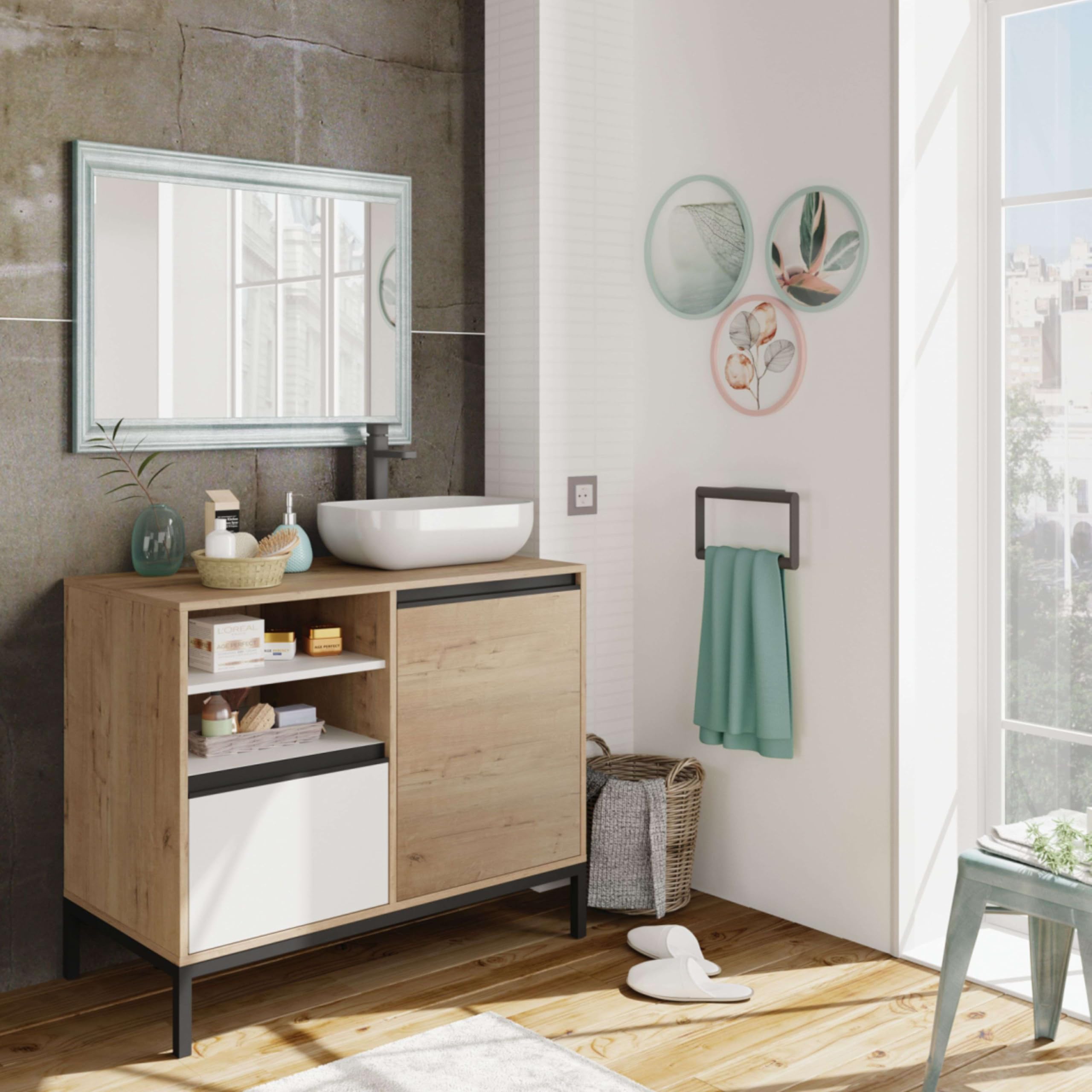 MUEBLES PITARCH -Lavabo rettangolare arrotondato, ceramica bianca, 14x46x32 cm, lavabo sopra il piano di lavoro, per bagni sovrapposti