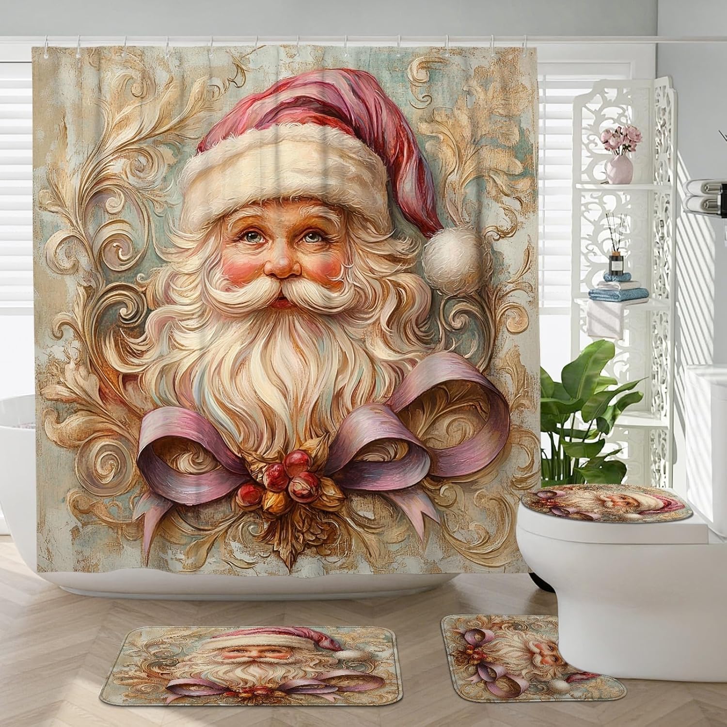 4PCS Vintage Christmas Santa Claus Bathroom Sets, Bath Accessory with Non-Slip Rug, U Shape Toilet Lid Cover Mat, Aesthetic Fantasy Xmas Bathroom Decor-72''x72''