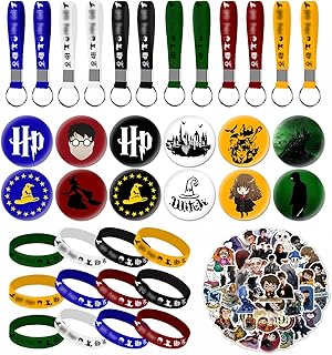 86Pcs Wizard Birthday Party Favors Supplies, Harry Gift Set Includes 50 Wizard Themed Stickers, 12 Bracelets, 12 Button Pins, 12 Wizard Key chains, Wizard Party Favors for Boys Girls Party…