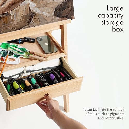 Miniatura 3 de ARTIFY Caballete de estudio grande de madera con marco en H con cajón de almacenamiento y estante para artistas, soporte de lona de madera de haya