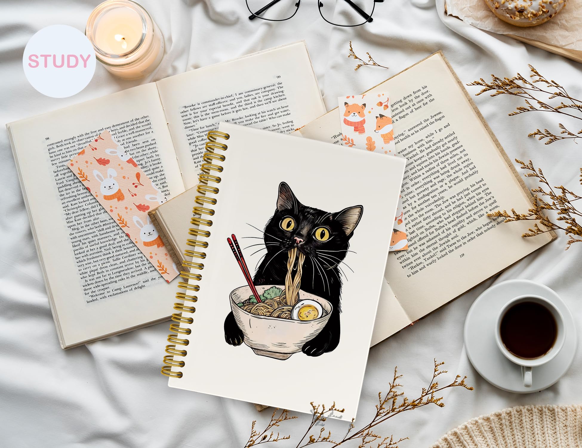 ICEWHITEY Cuaderno de gato negro, regalos de gato negro, divertido diario de gato negro come fideos, regalos para amantes de los gatos, regalos de mamá y gato, suministros de oficina para gatos