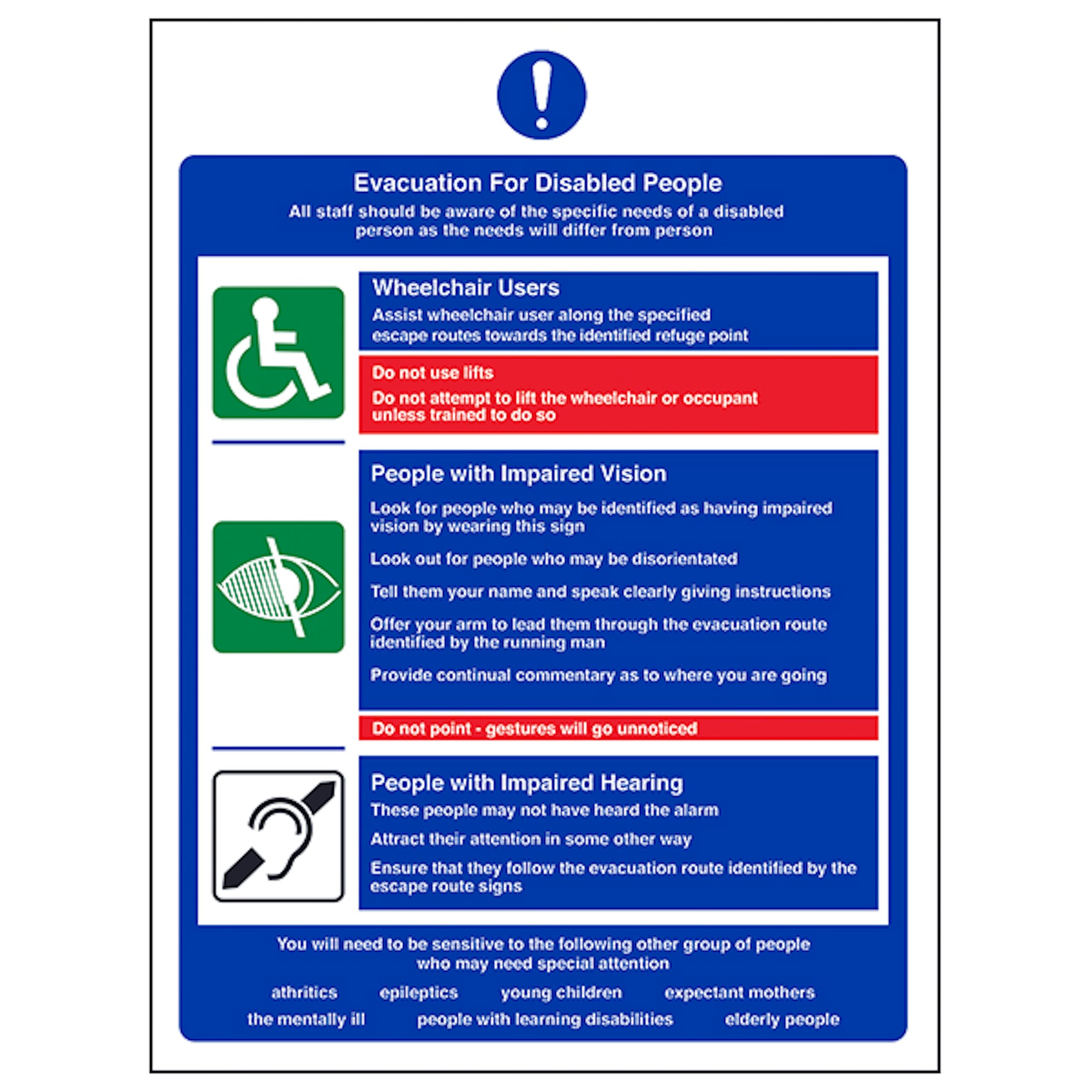 V Safety Evacuation For Disabled People - Portrait 200 x 300mm - 2mm Rigid Plastic Safety Sign