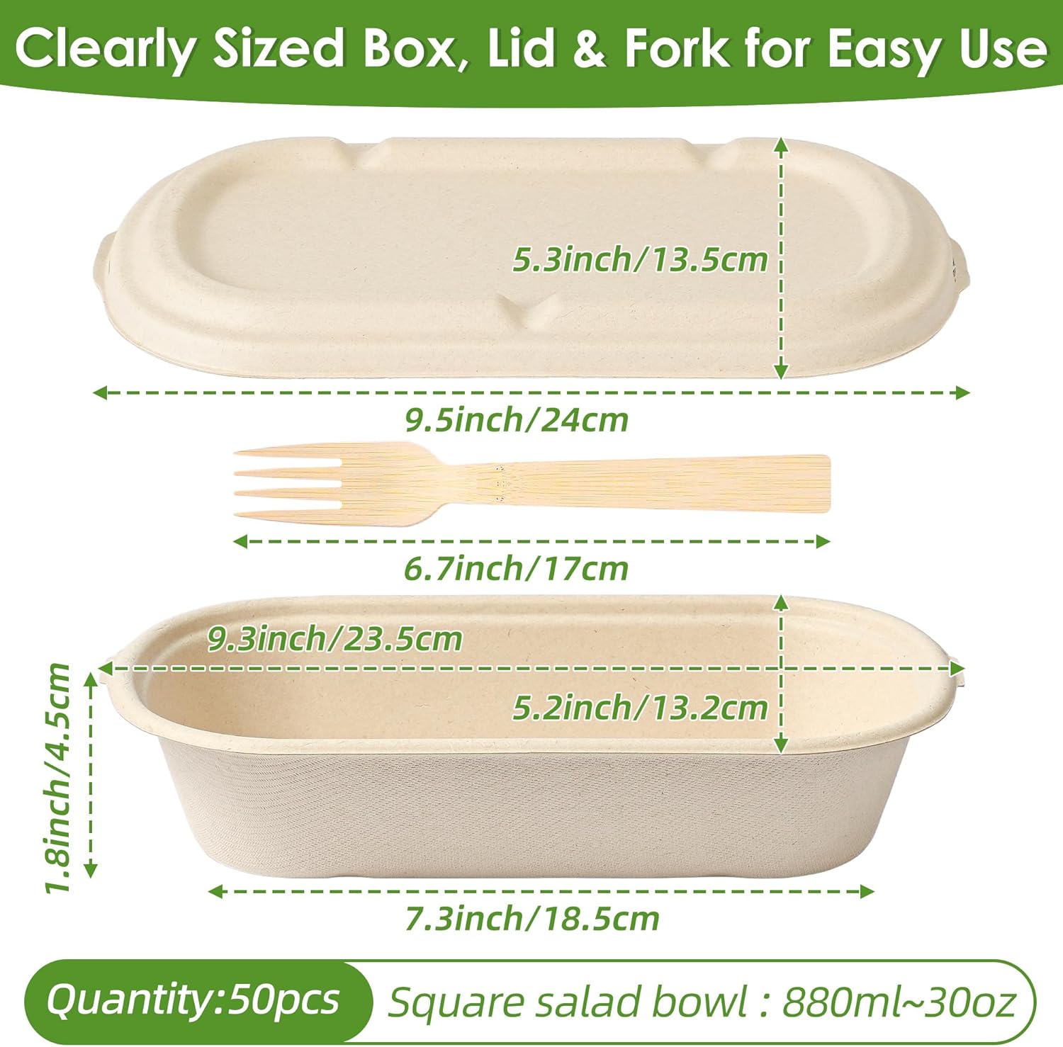 50-Pack 30oz Disposable Meal Prep Containers with Lids, Sugarcane Pulp Compostable Food Containers + 50 Bamboo Forks, To-Go Food Containers, Microwave & Freezer Safe for Hot or Cold Foods