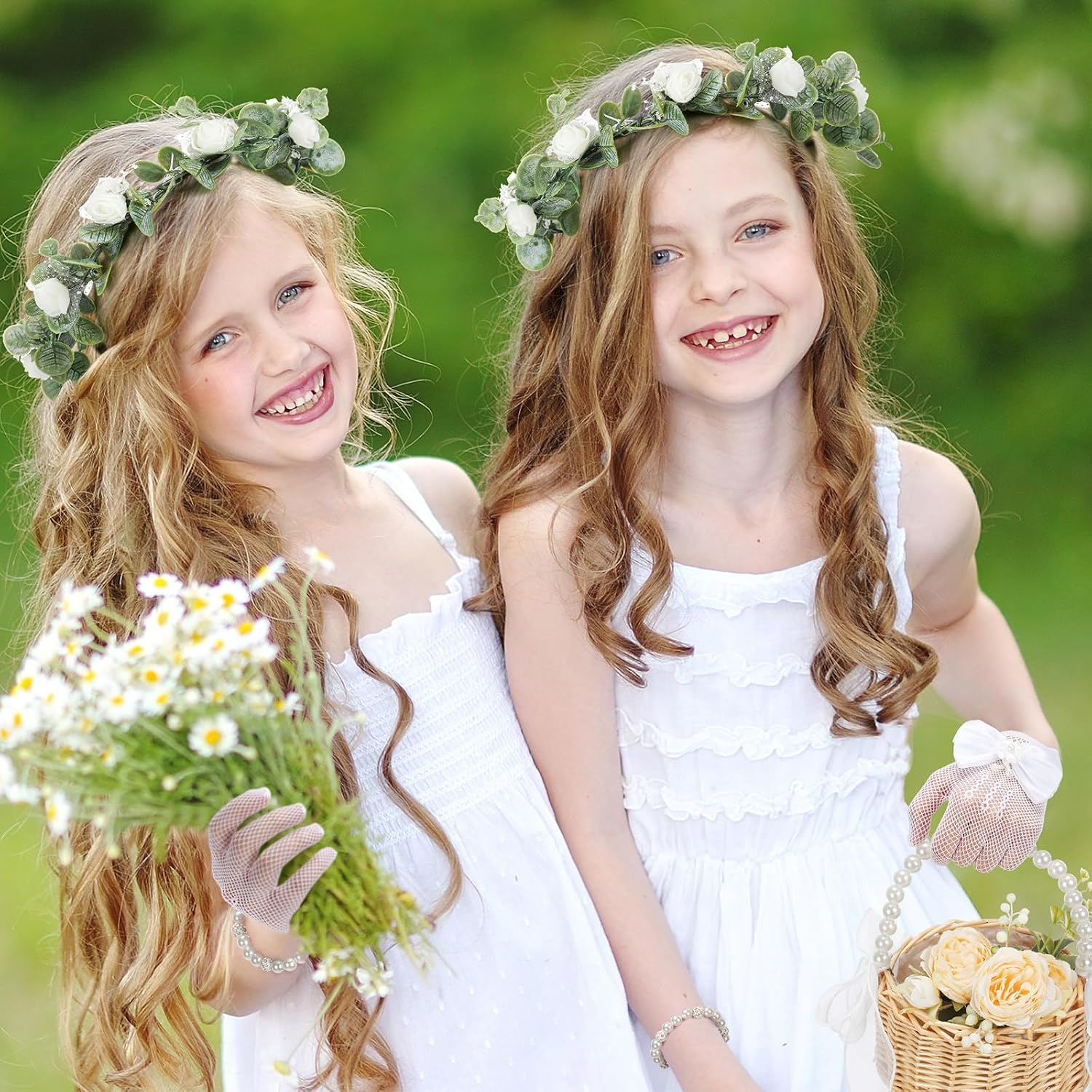 Riceshoot 4 Pack Flower Girl Baskets Set Flower Girl Jewelry Accessories for Wedding Include Canastas Para Flores Headpiece Pearl Bracelet Lace Gloves(Rustic)