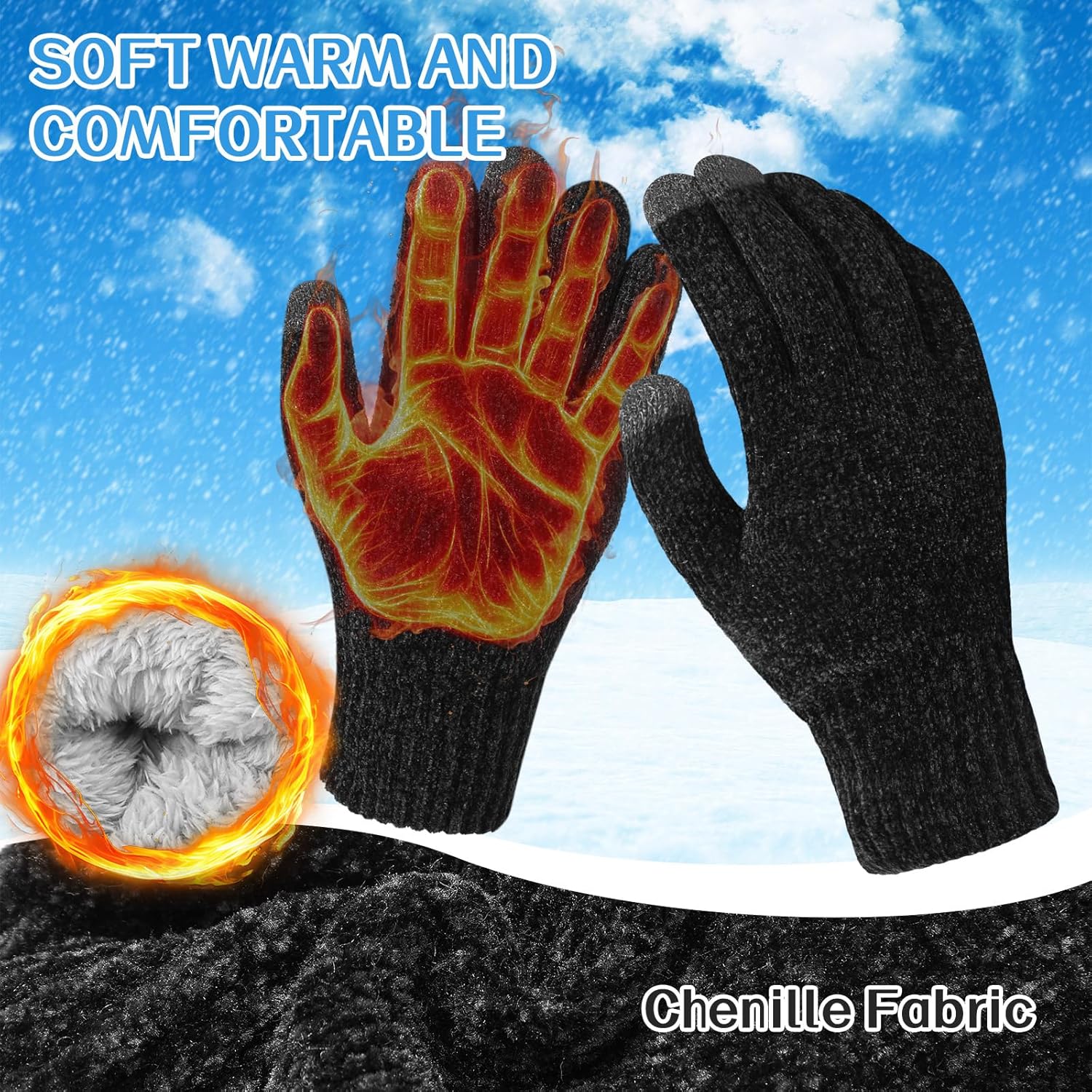 2 Pairs Chenille Winter Gloves with Touch Screen Fingers for Women Chenille Warm Fleece Lined Knit Thermal Gloves Elastic Cuff for Cold Weather Texting Winter Gifts - Image 2