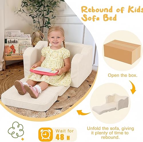 Miniatura 5 de MeMoreCool Silla Infantil 2 en 1, Sofá Cama Plegable para Niños, Beige (Edades 1-3) – Silla de Terciopelo que se Extiende a Sofá-Cama | Espuma de
