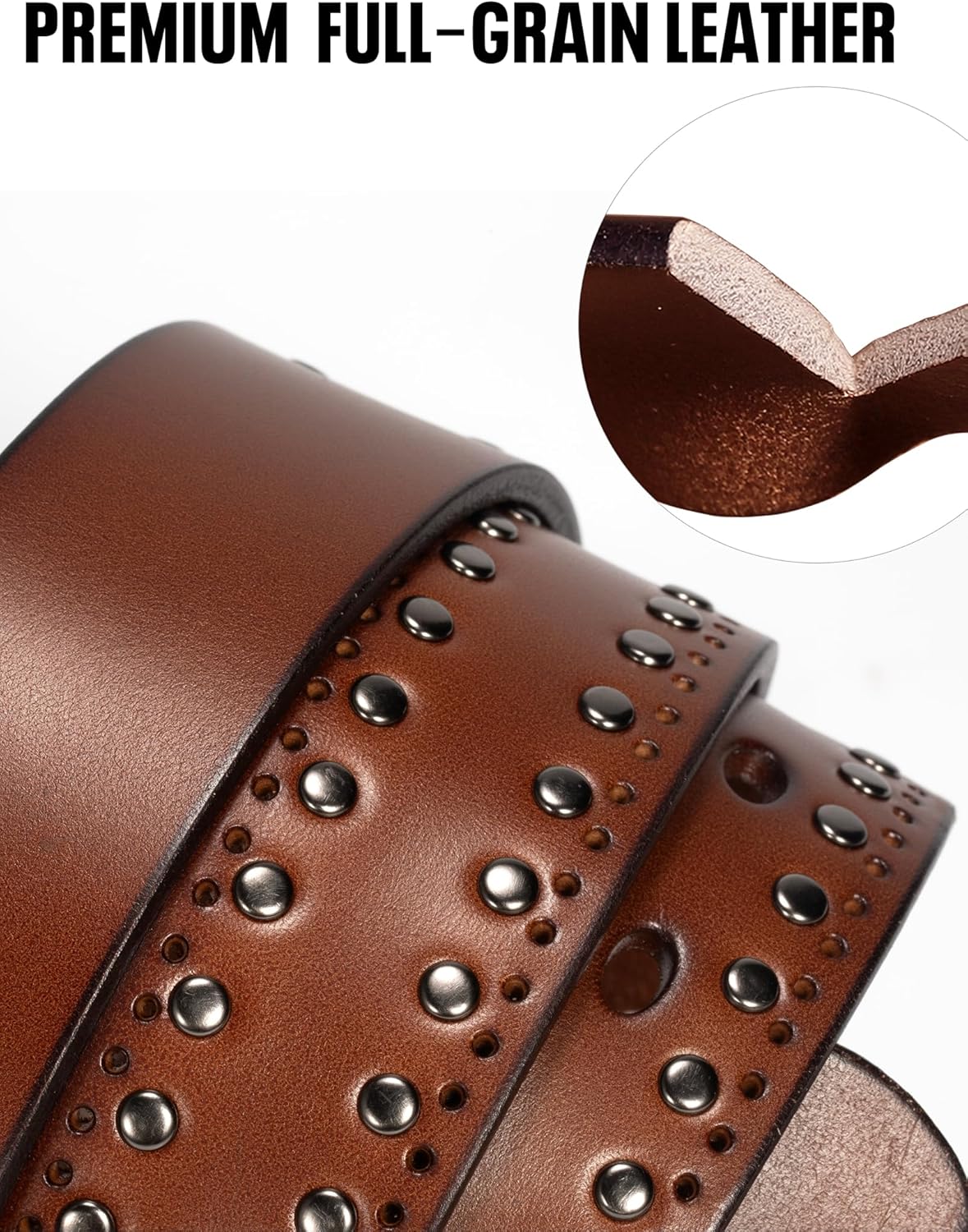 Womens Western Leather Belts 35mm Studded Belt with Vintage Silver Buckle - Image 5
