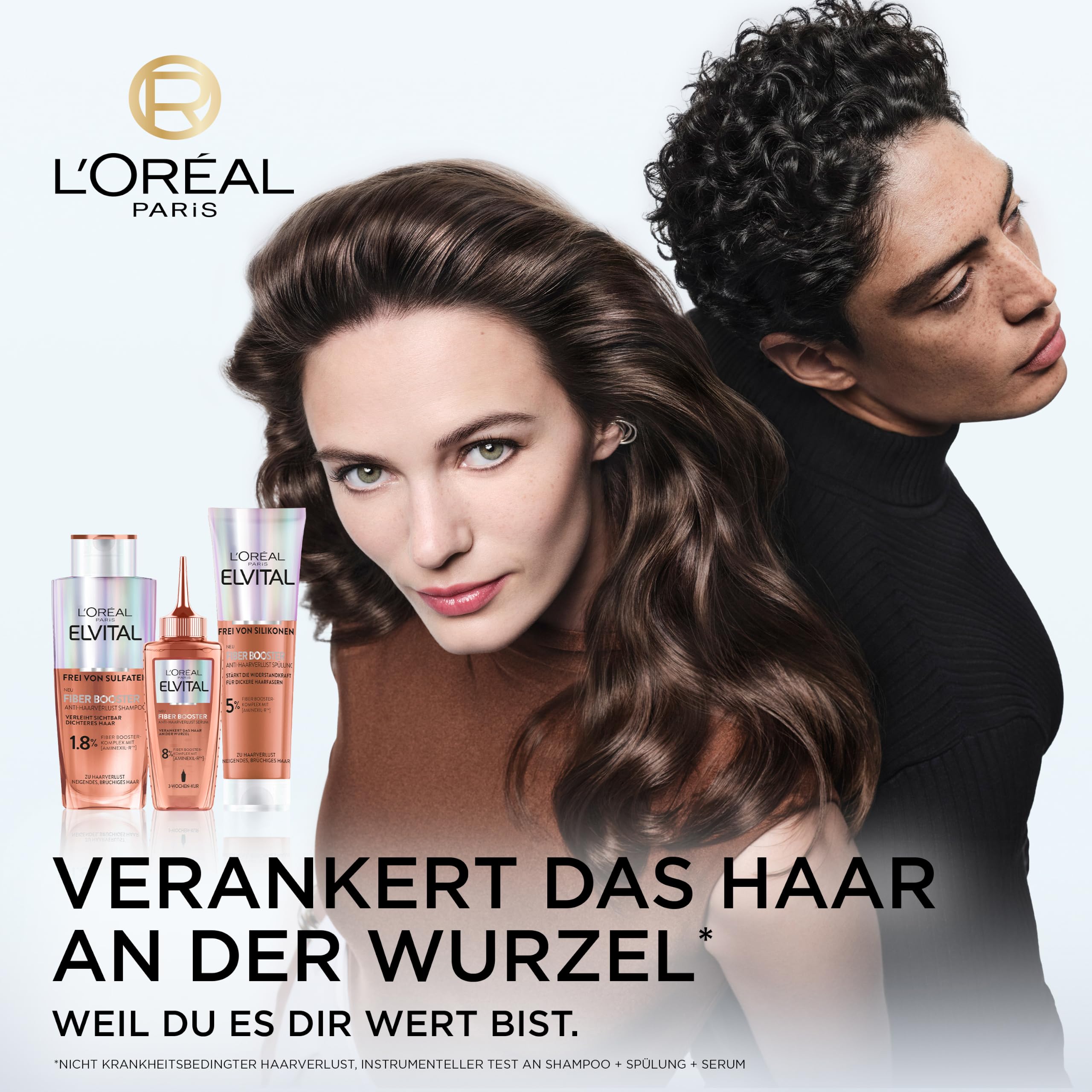 L'Oréal Paris Fiber Booster Anti-Haarverlust Routine langes Haar, Shampoo, Spülung & Serum für volleres Haar, Gegen Haarausfall, Weniger Haarbruch, Elvital, Shampoo + Serum + Spülung