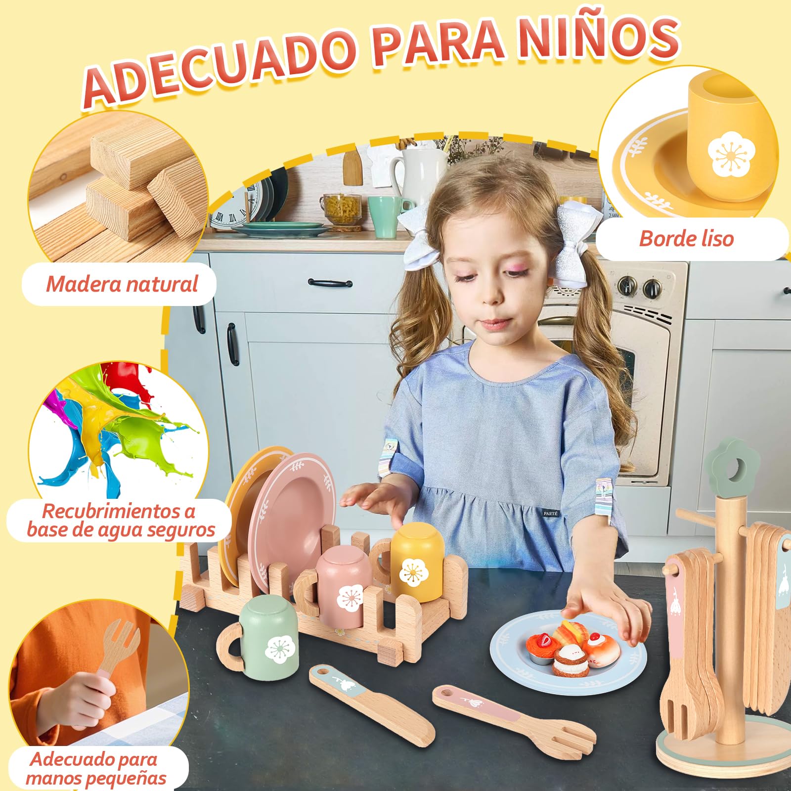 Charmofun Stoviglie Cucina Bambini in Legno, 30 Pezzi Accessori Cucina Bambini di Legno, Cucina Tea Party Regalo per Ragazze Ragazzi 4 5 6 7 8 anni