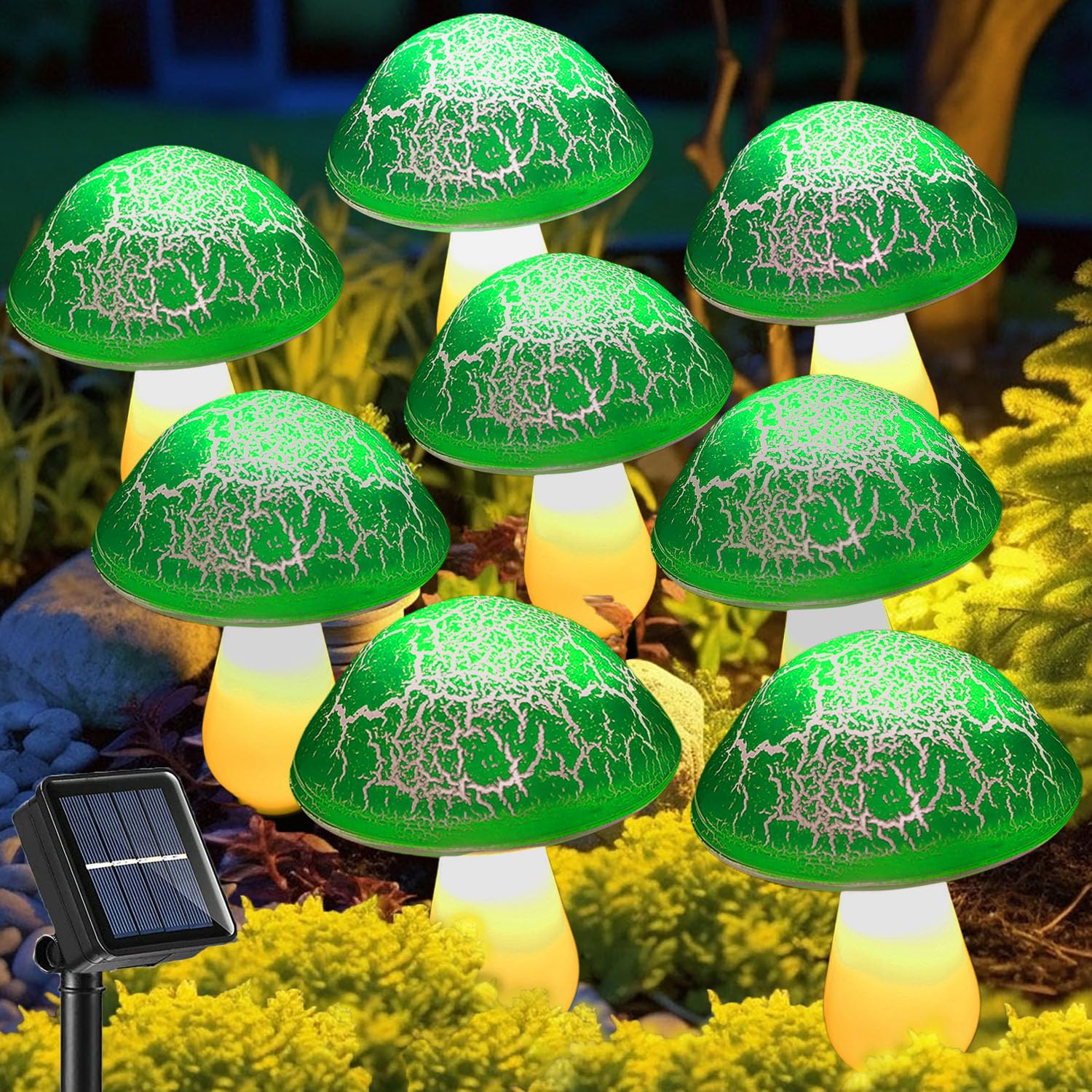 Solar Mushroom Lights Garden Decor 8 Green Crack Mushrooms Outdoor Decor Stake Lights Waterproof Solar Pathway Light Gardening Gifts for St Patrick's Day Easter Gnomes Yard Halloween Xmas Decorations