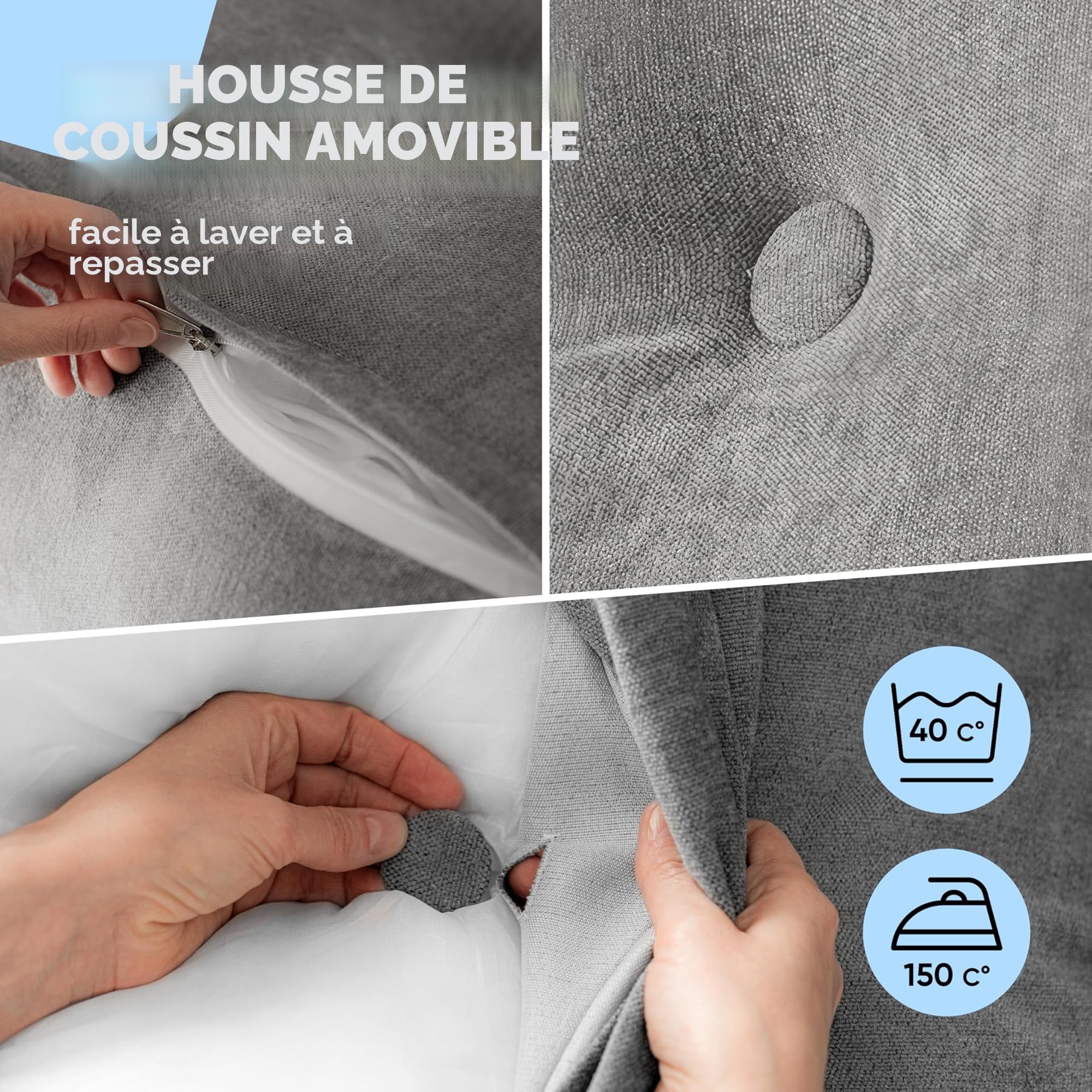 Björn&Schiller Rückenkissen Grau, 70 cm - Lesekissen für Bett und Sofa, Keilkissen, Rückenpolster für Die Wand, Sitzkissen, Wandkissen, groß mit waschbarem Bezug - Ideal zum Anlehnen