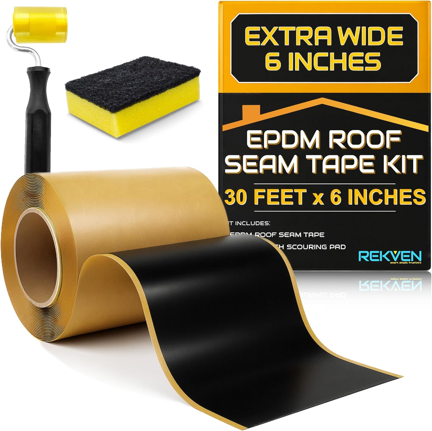 EPDM Rubber Roofing Seam Tape Kit - 30 Feet x 6 Inch - Double Sided Butyl Tape – Black Self Adhesive for Liner Bonding Sealing Repairs – Works with EPDM TPO Hypalon and Other Membranes