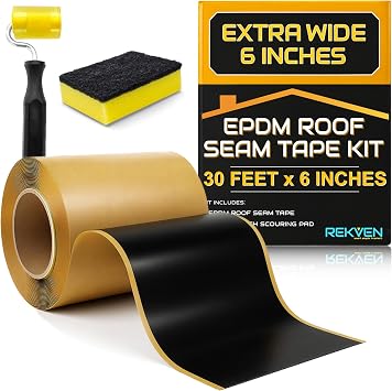 EPDM Rubber Roofing Seam Tape Kit - 30 Feet x 6 Inch - Double Sided Butyl Tape Black Self Adhesive for Liner Bonding Sealing Repairs Works with EPDM TPO Hypalon and Other Membranes
