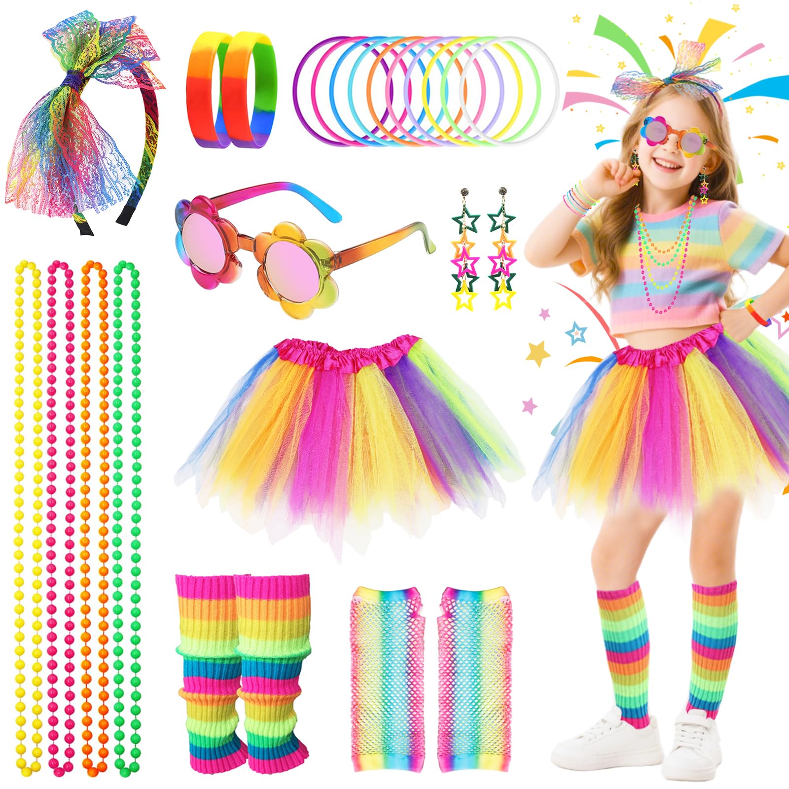 80s Fancy Dress Costume Accessories Set for Girls, 9Pcs Rainbow Costume Accessories with Tutu Skirt Leg Warmer Earrings Fishnet Gloves Necklaces Glasses Bracelets Headband, Neon Outfit for 80s Party