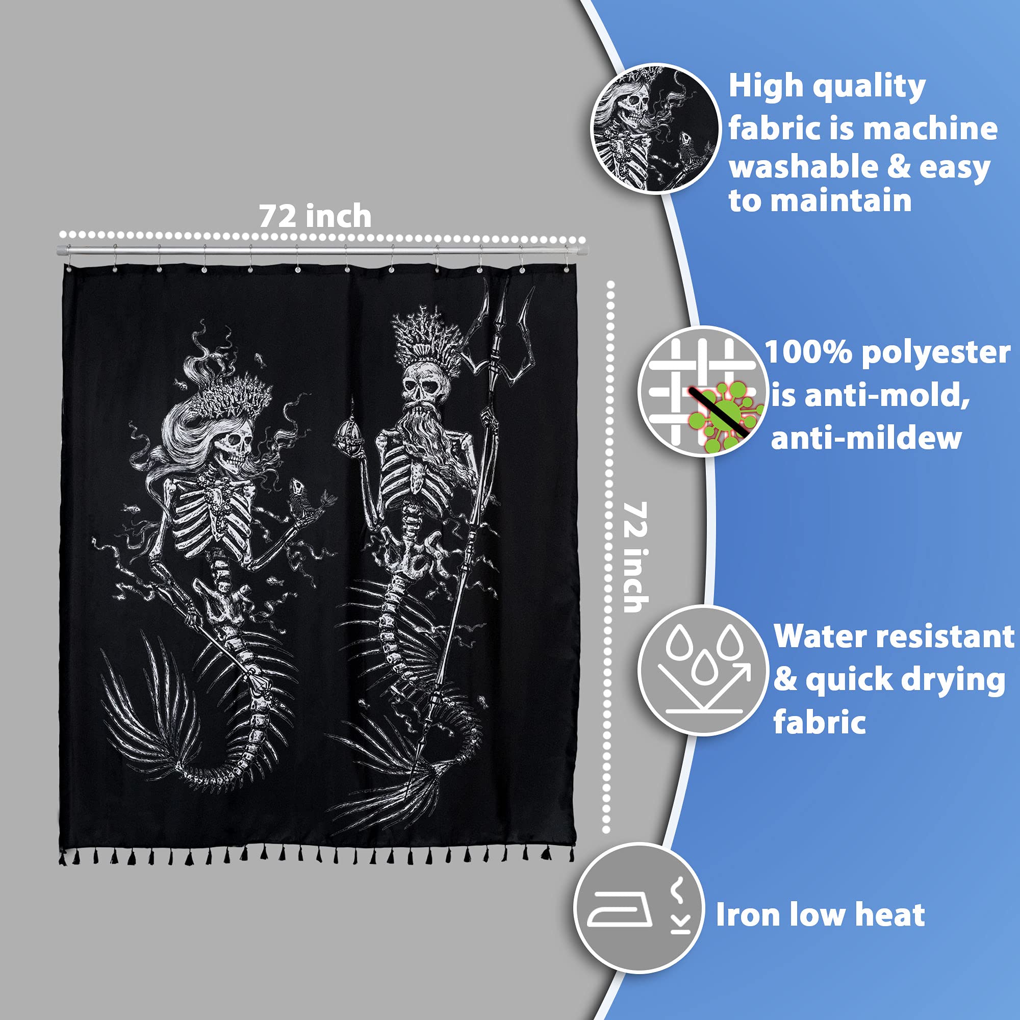 Flash Flood Cortina de ducha negra con diseño de sirena y esqueleto para decoración de baño gótica y calavera, resistente al agua