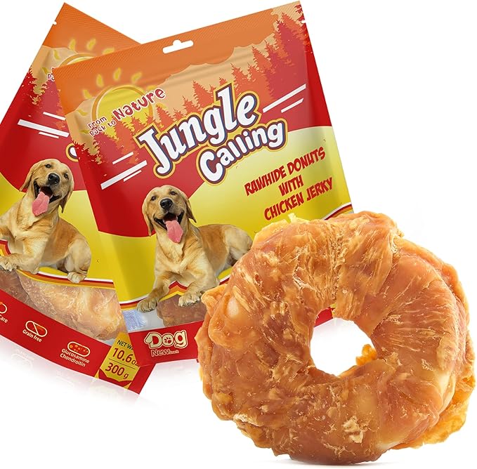 Jungle Calling Rawhide Rings for Dogs, Chicken Wrapped Rawhide Donuts Shaped Dog