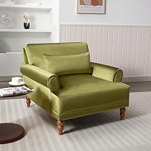 Modern Elegant Oversized Chaise Lounger with Circular Armrests, Velvet Single Sofa Chair Accent Chair with Pillows and Vintage Roman Column Legs for Living Room Apartment Offices Green-Velvet