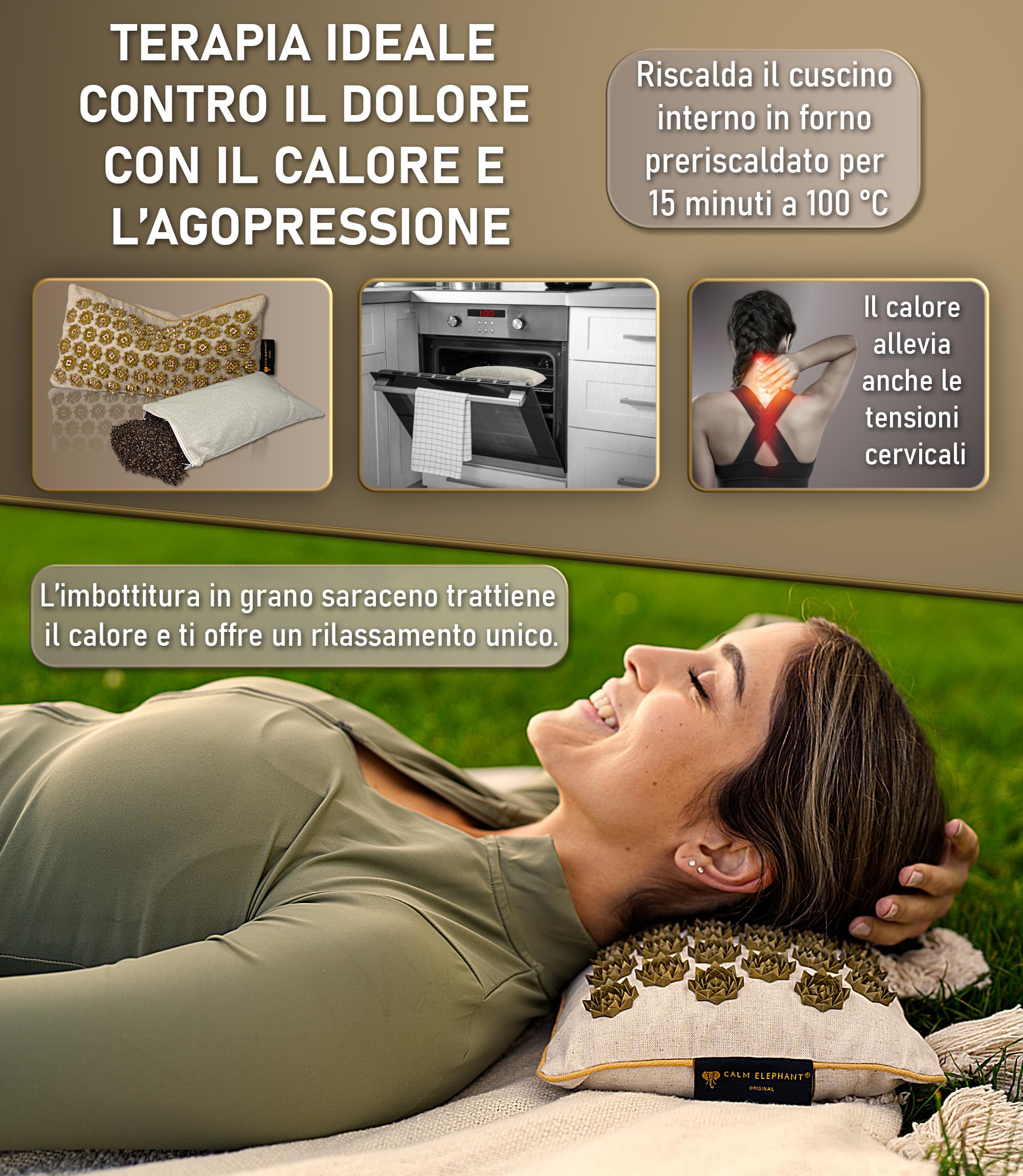 CALM ELEPHANT Tappetino Agopressione e Cuscino Ergonomico, Set XL, 3pz | Campo Fiori, Allevia Dolore Schiena Collo Spalle, Riflessologia, Anti-Stress, Meditazione, Riscaldante Borsa, Beige