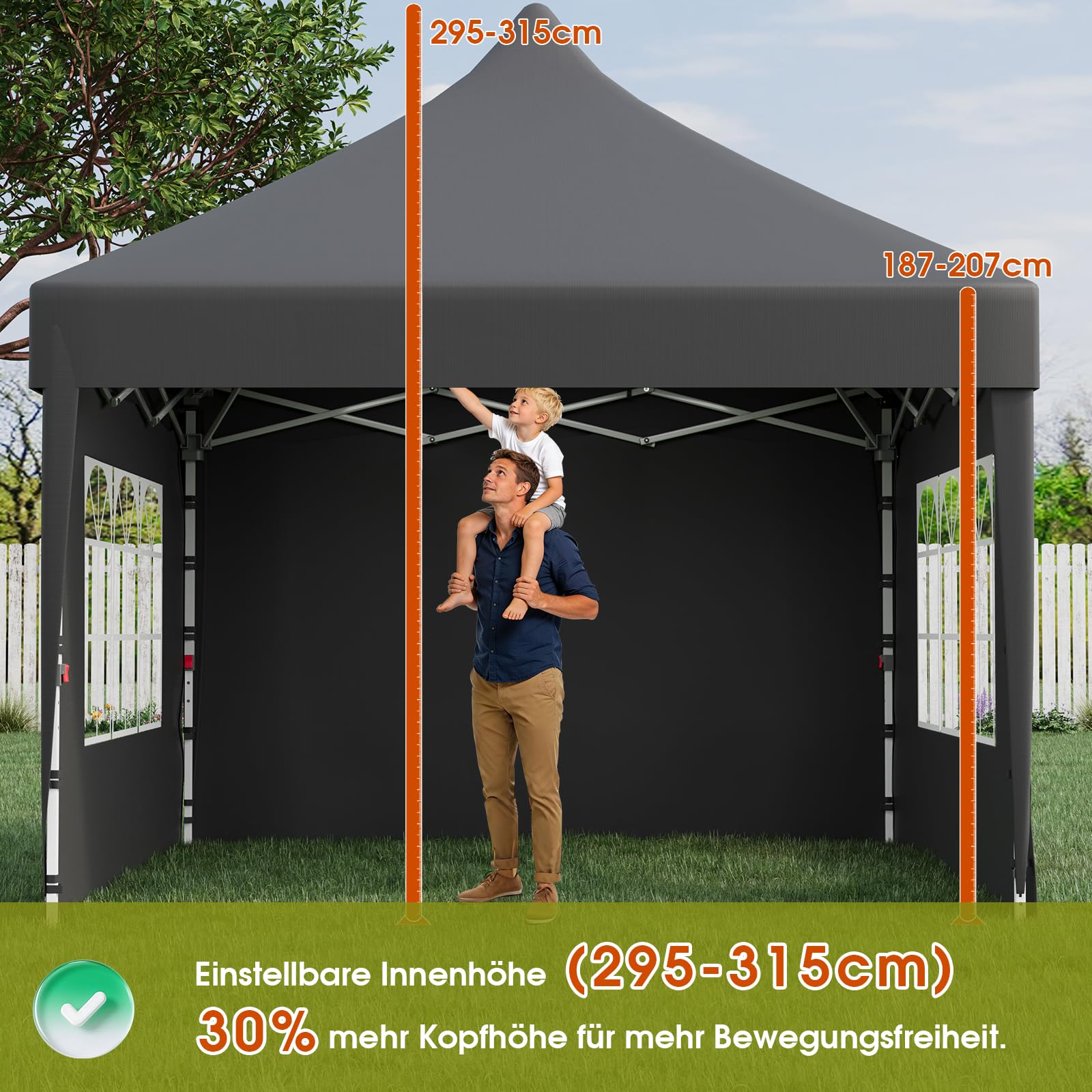 JUMMICO Faltpavillon 3x3 mit Hoher Spitze, um 60% Verbesserte Regenschutzleistung. UV 50+, Pavillon 3x3 Wasserdicht Stabil Winterfest, Shelter mit seitenwänden, für Garten und Camping, Dunkelgrau