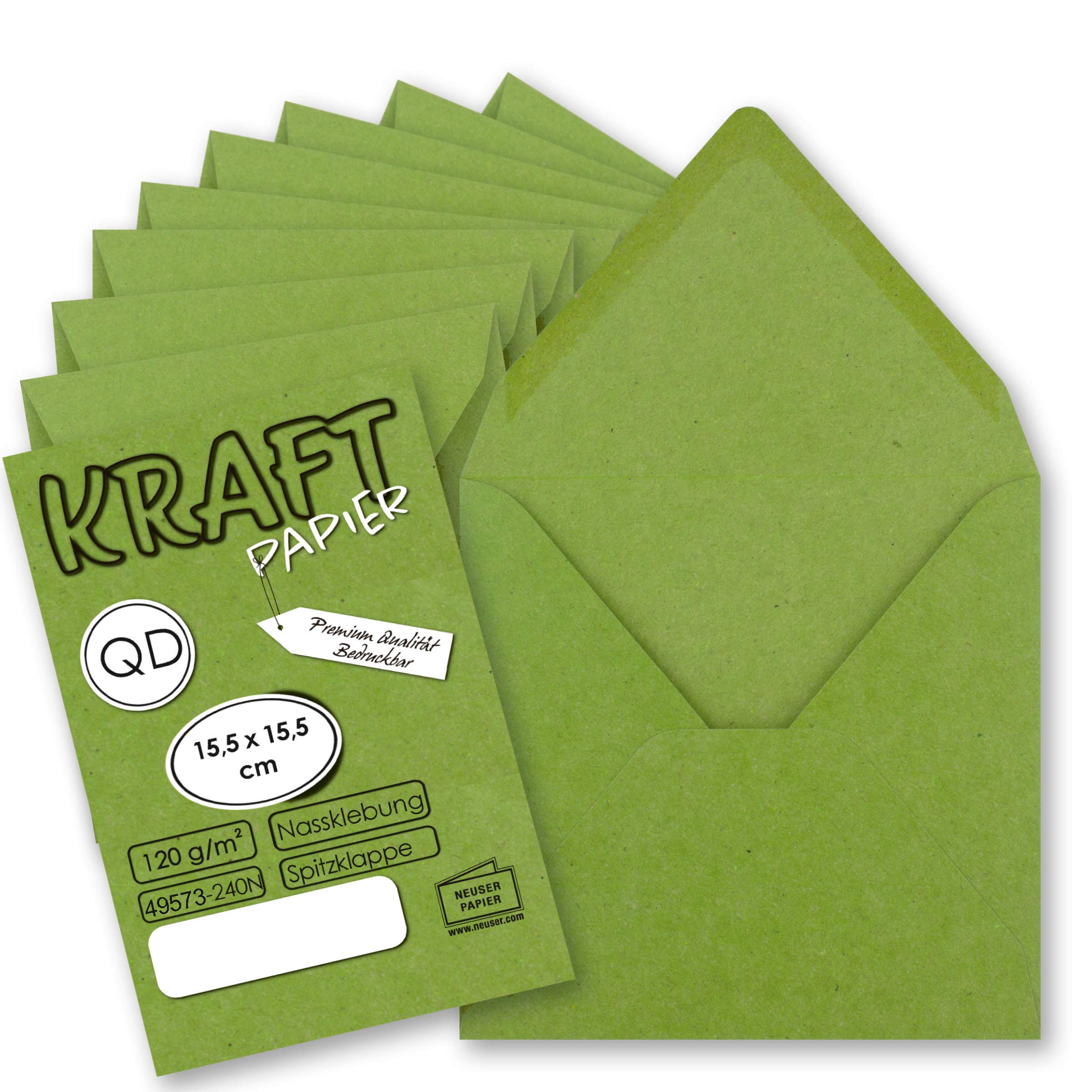 1000 x kwadratowe koperty w stylu vintage z jasnozielonego (zielonego) papieru typu kraft, ekologiczne, 15,5 x 15,5 cm, klejenie na mokro, spiczasta klapa NEUSER PAPIER