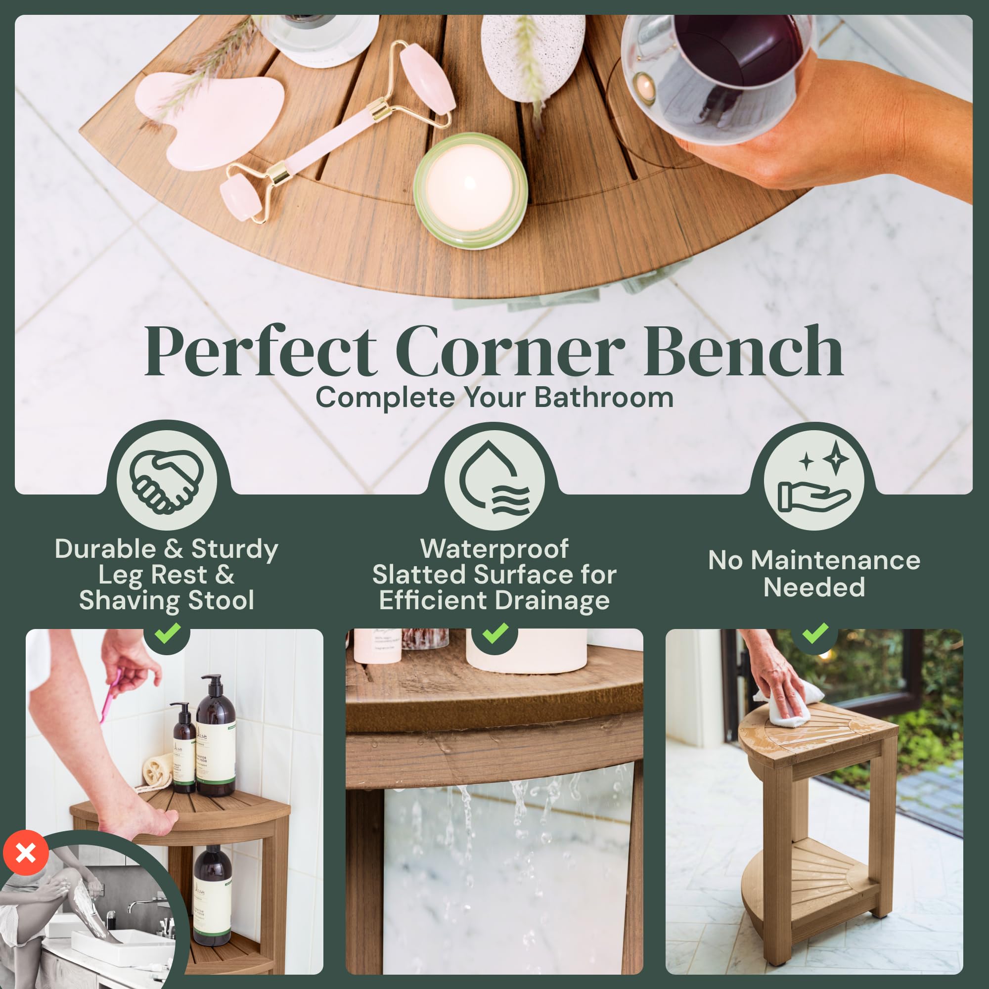 ROHKEX Waterproof Corner Shower Stool - Brown Waterproof Shower Bench for Shaving Legs & to Sit On - Easily Assembled Corner Bench & Shelf - Restroom Organizer - Bathroom Stool