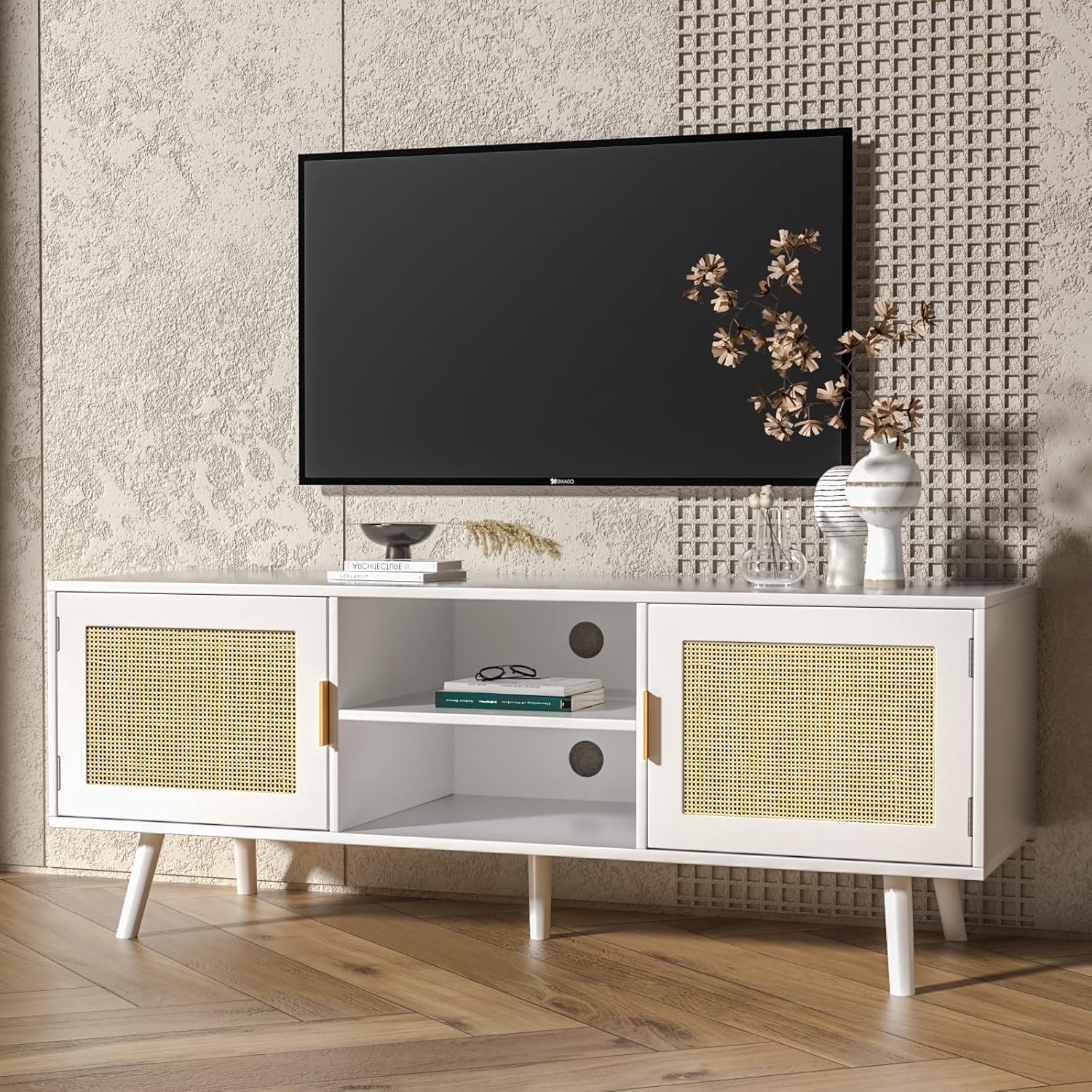 Anmytek Farmhouse Rattan TV Stand for 55 Inches TV Mid Century Modern Entertainment Center with Storage Cabinet Wood Small Media Console for Living Room White H0055 H0055-white