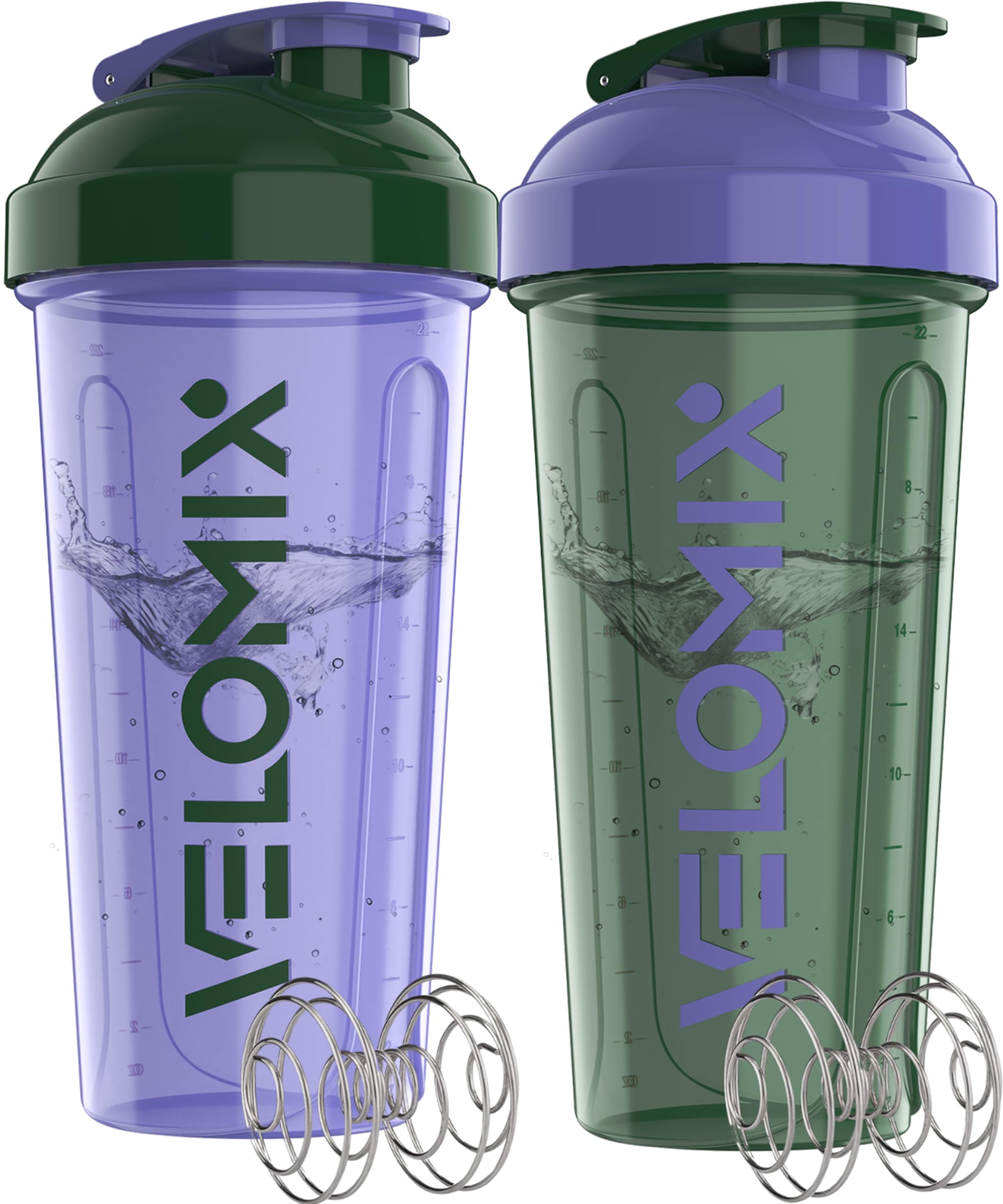 VELOMIX 2 Pack 28oz Protein Shaker Bottle for Protein Mixes, Green/Purple