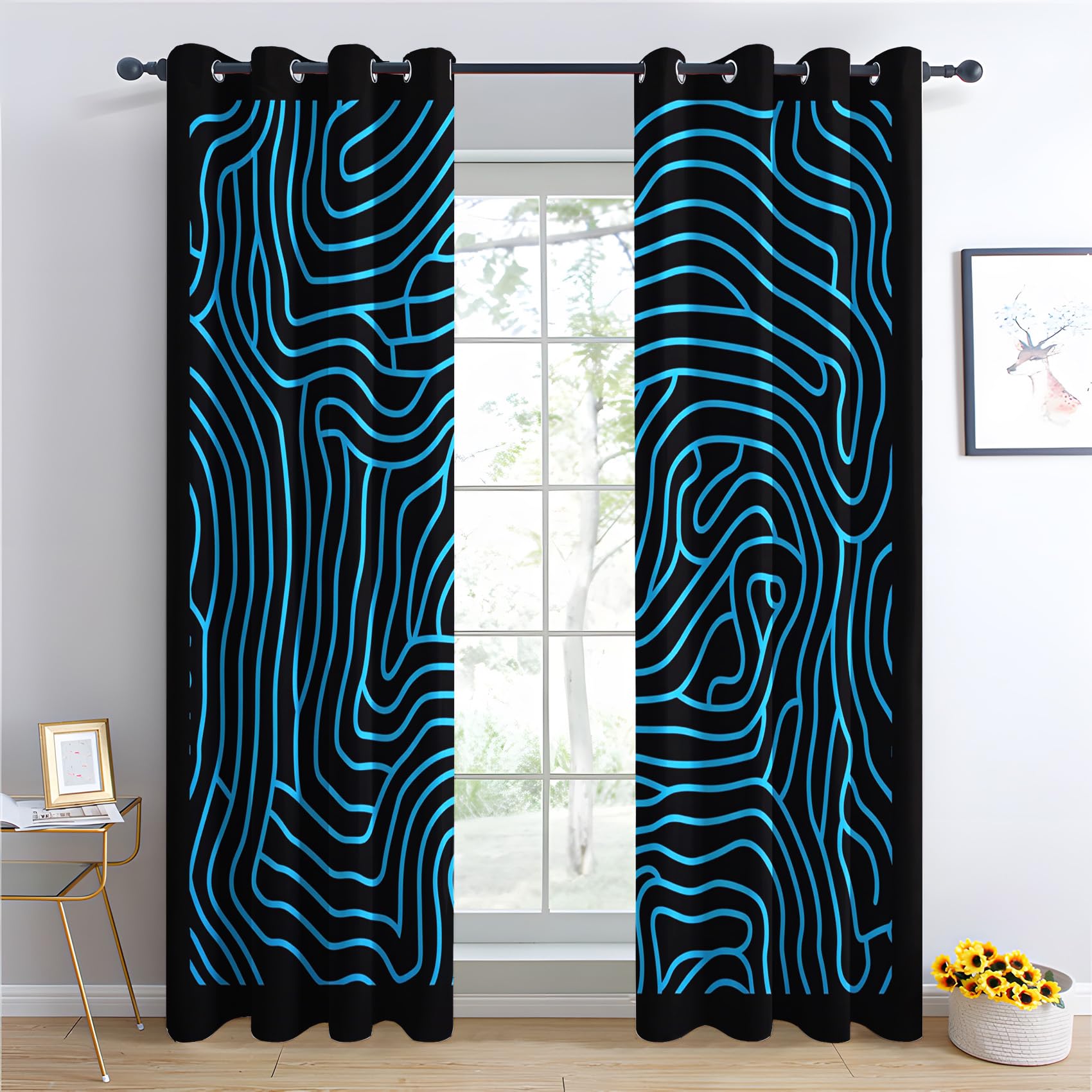 Luxfieo Abstract Blackout Curtains for Living Room Bedroom - 108 Inch Drop Curtains 90x108, Blue and Black Modern Psychedelic Patterned Window Treatments, Thermal Eyelet Drapes 2 Panels R#343