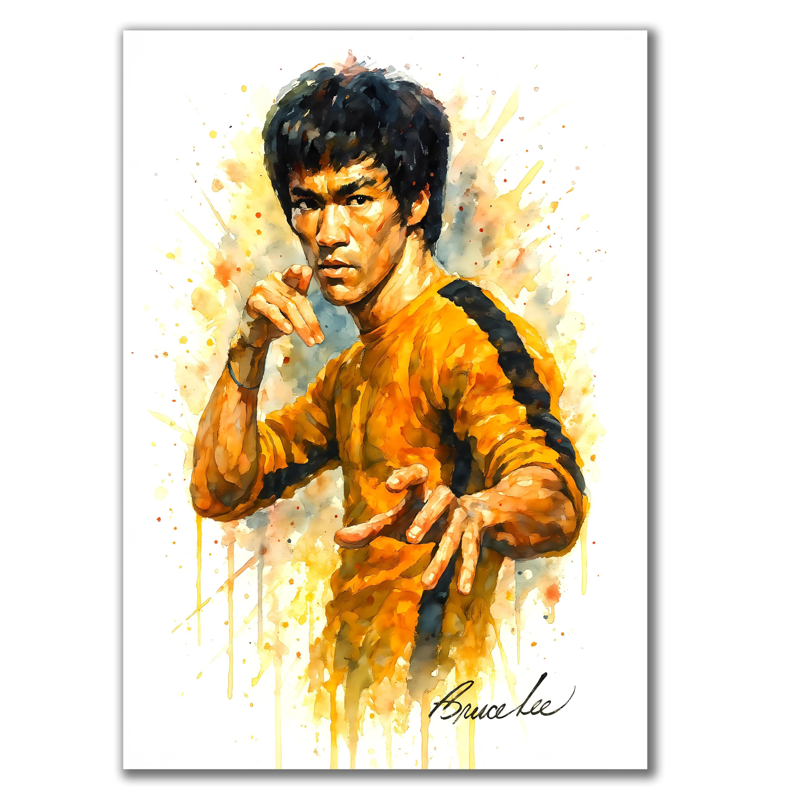 Bruce Lee Watercolor Wall Art, Martial Arts Poster, Yellow Tracksuit, Iconic Pose Splash art A4 Print