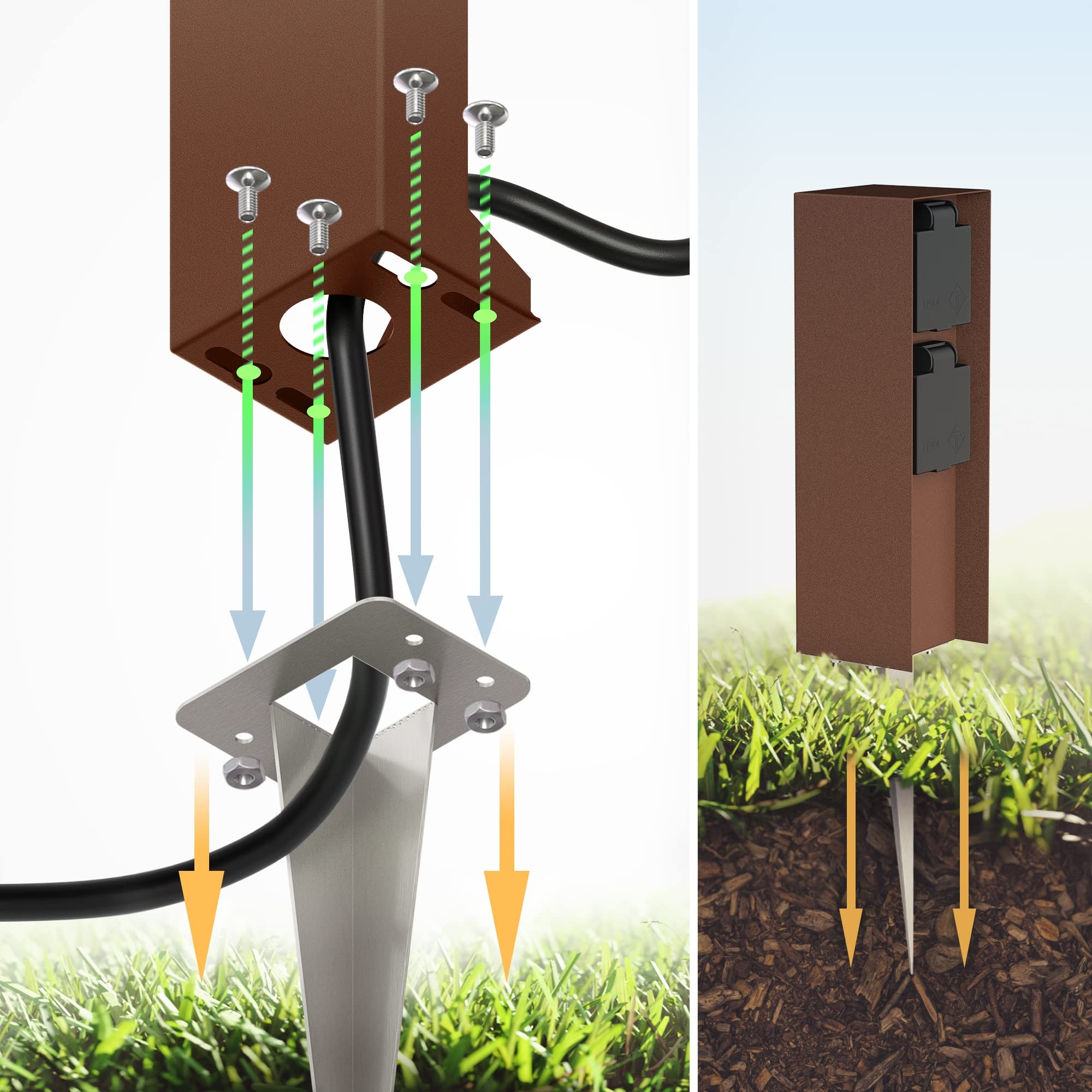 ledscom.de 2x presa da giardino POMI con picchetto a terra per esterni, IP44, a 2 vie, marrone, quadrata, 23cm