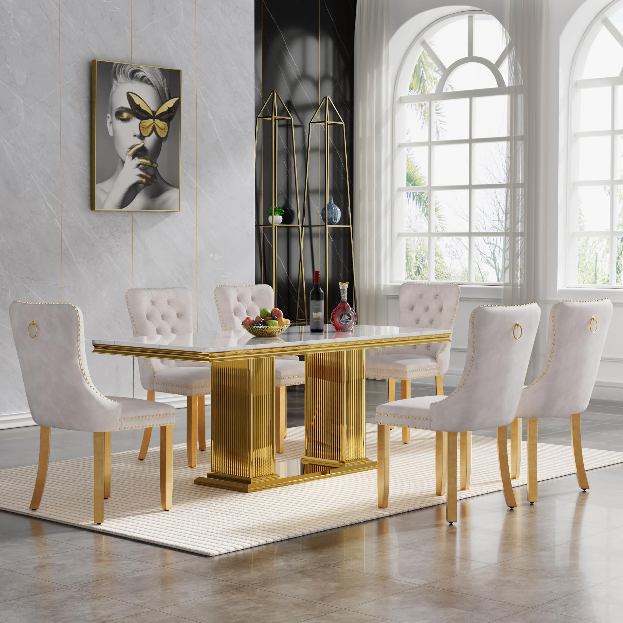 HomVent 68.11'' Rectangle Dining Table Set for 6, Modern Faux Marble Table Top & Stainless Steel Base (White with 6 Beige Chairs, 7 Pieces)