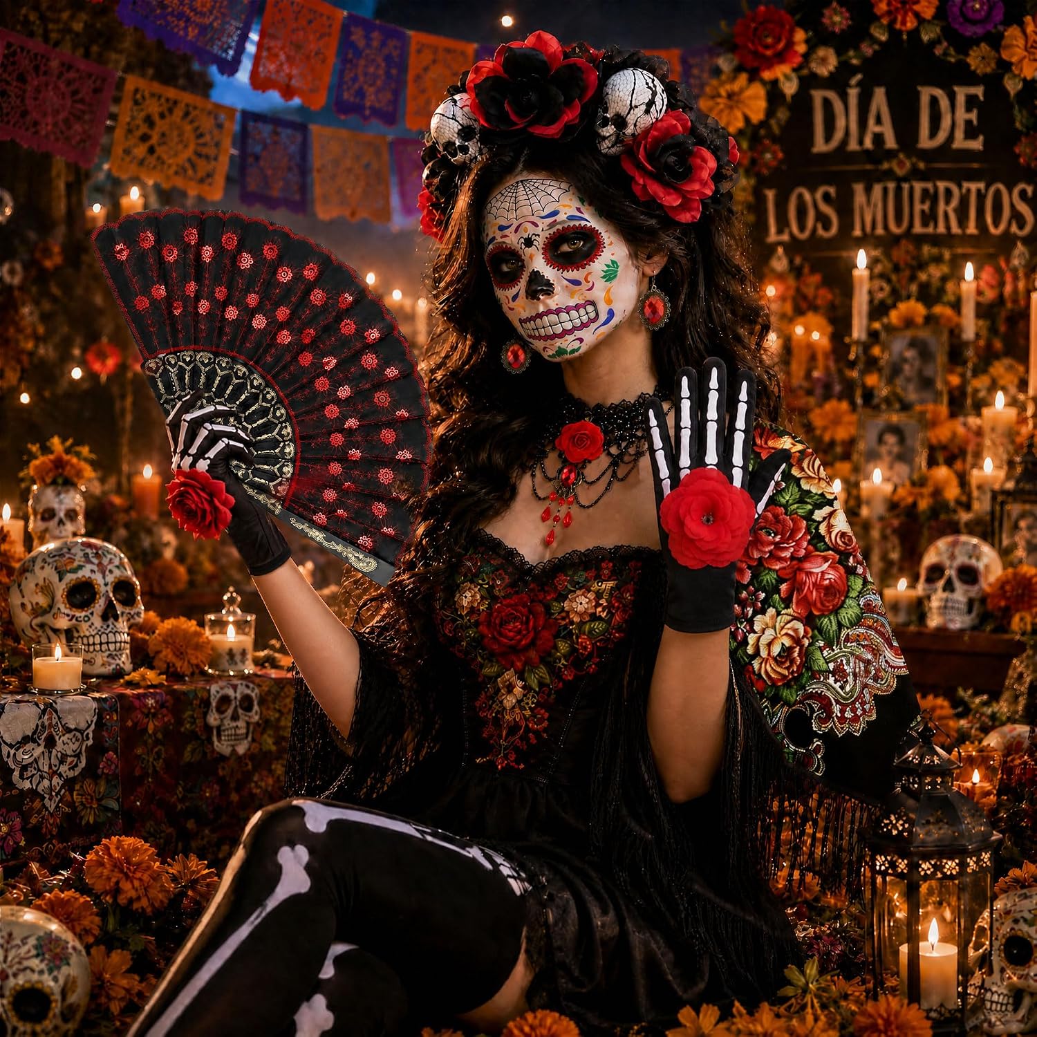 19 Pcs Day of the Dead Costume Accessories for Women, Floral Shawl image 4