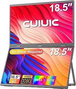 Dual Portable Monitor, 18.5" 1080P FHD IPS Folding Stacked Triple Laptop Screen Extender, USB-C Plug & Play Travel Extended Computer Display for Laptop PC Windows Mac w/Stand & VESA Mountable