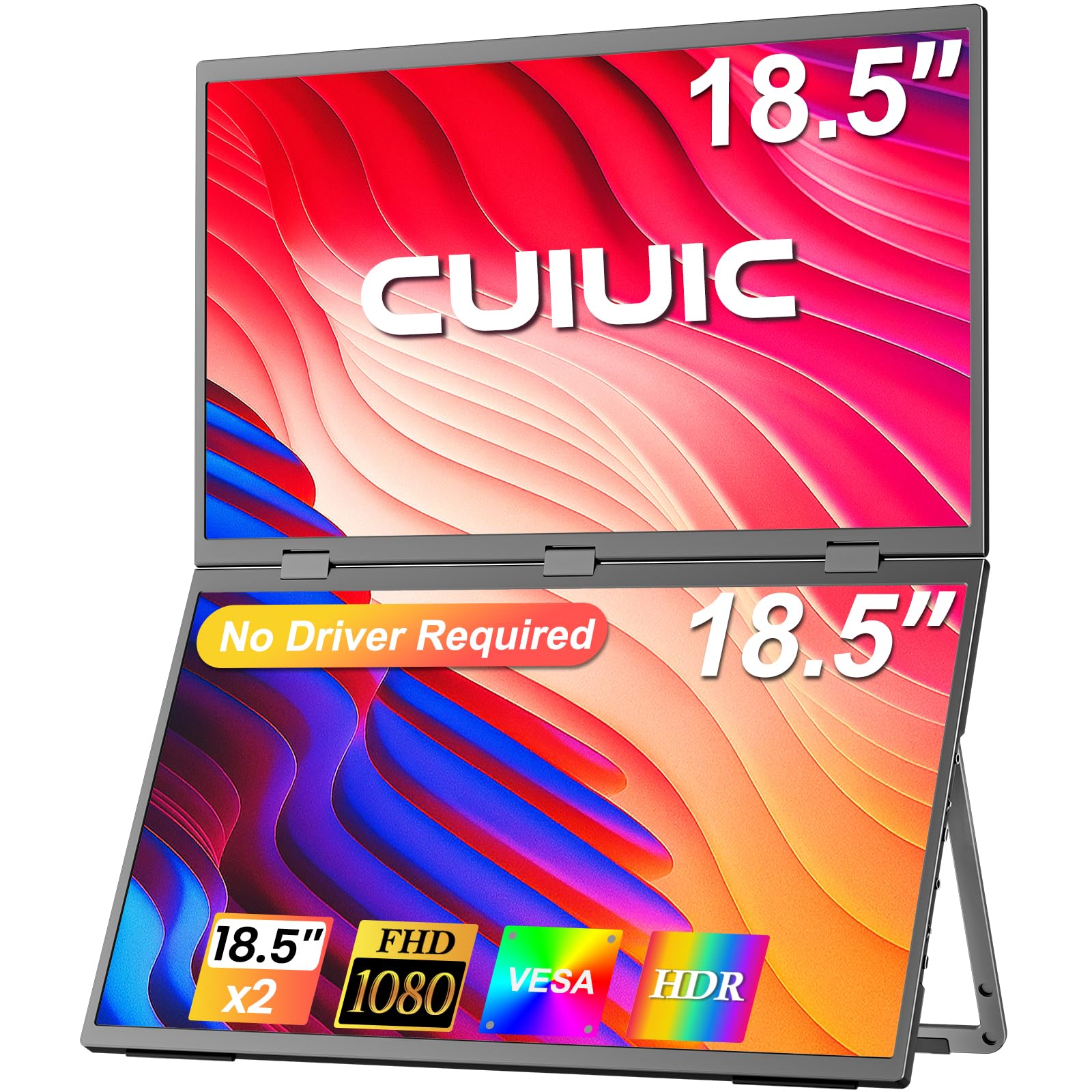 Dual Portable Monitor, 18.5" 1080P FHD IPS Folding Stacked Triple Laptop Screen Extender, USB-C Plug & Play Travel Extended Computer Display for Laptop PC Windows Mac w/Stand & VESA Mountable