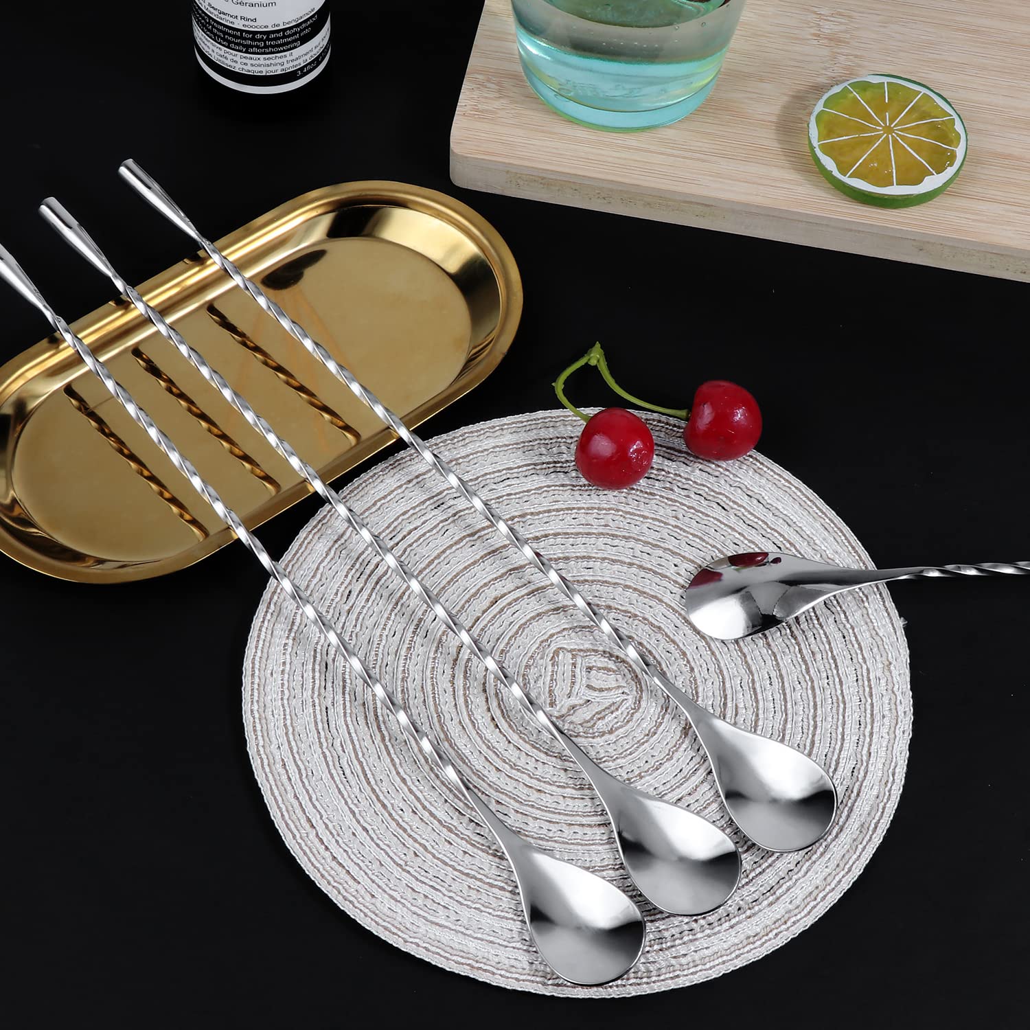 4 Piezas Cuchara Mezcladora, Cuchara de Cóctel Acero Inoxidable Agitador de Barra en Espiral para Cócteles, Batidos, Café, Jugo, Té
