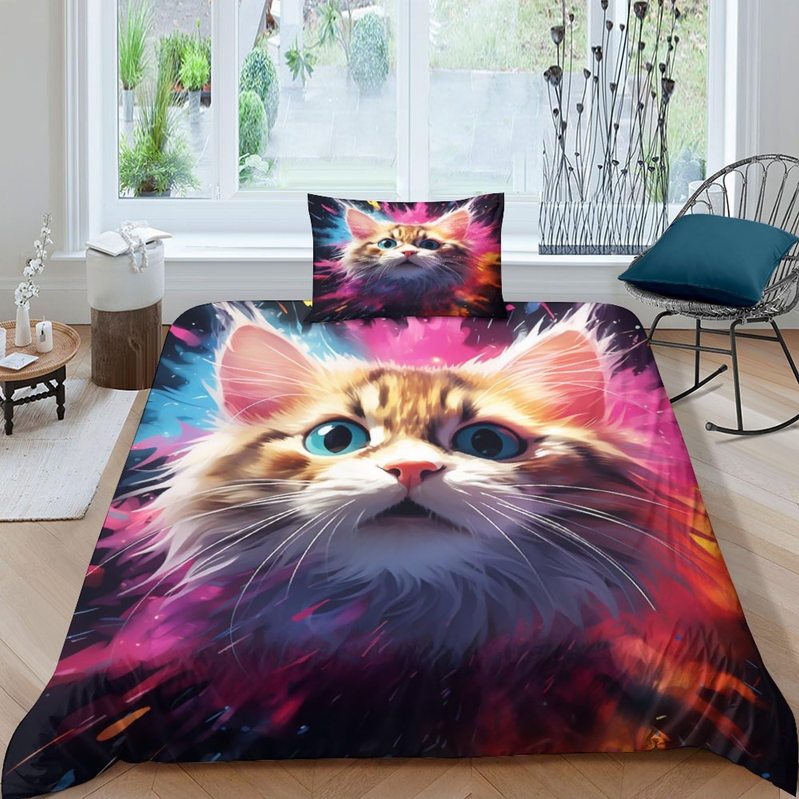 Housse de couette chat 3D parure de lit fille garçon ado 135x200