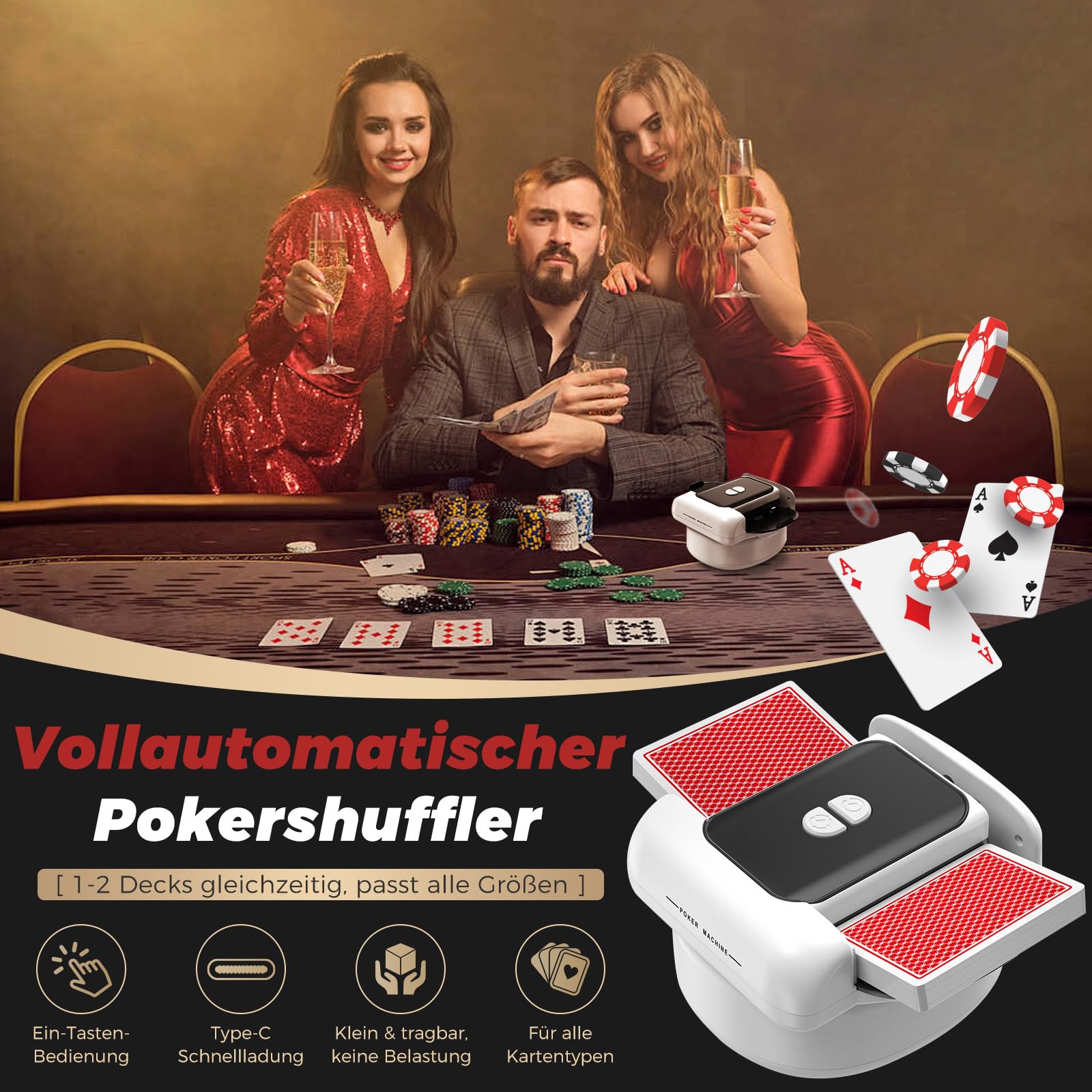 Automatischer Kartenmischer, 2 Laufmodi, Aufladbar mit Langzeit-Batterie, Geräuschlos, für UNO, Poker, Black Jack Karten, Schwarz (Schwarz & Weiß)