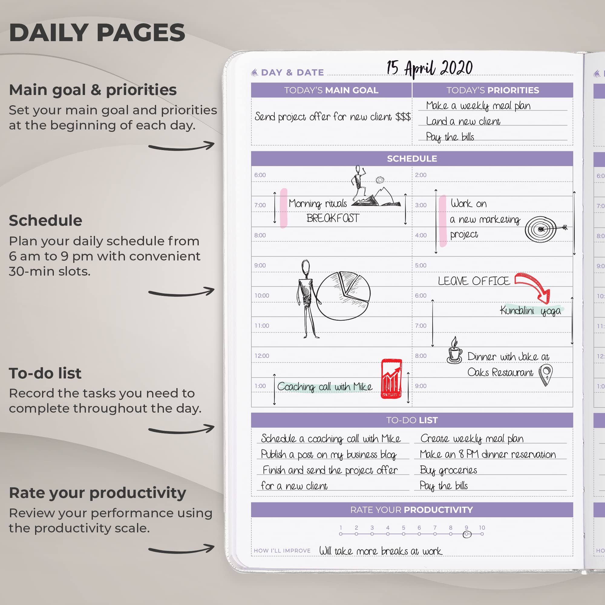 Clever Fox Daily Planner 2nd Edition - Undated Time Block Task Organizer with Hourly Schedule & To-do list - A5, 6 Months (White) - Image 3