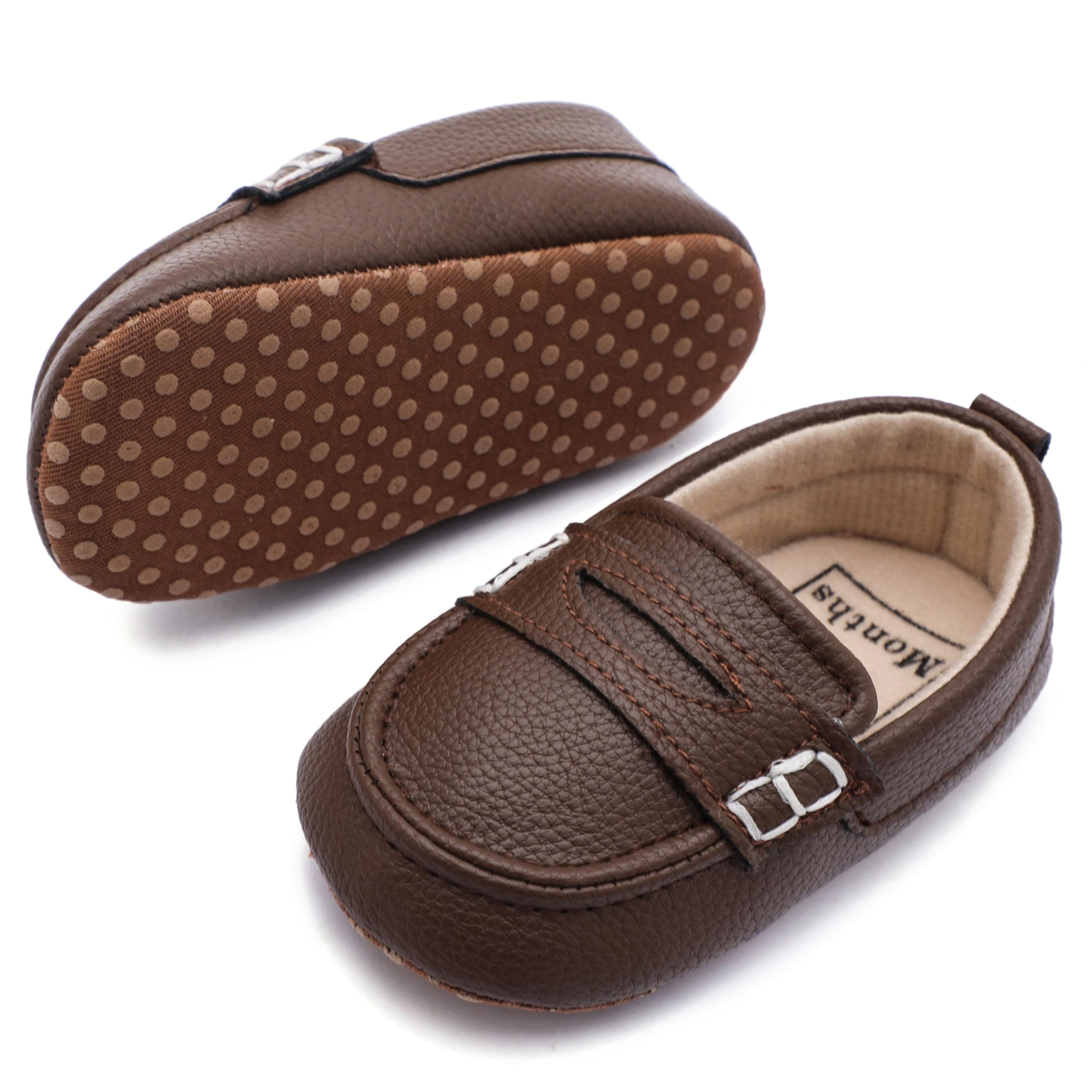Moceen Infant Baby Boys Loafers Soft Sole PU Leather Toddler Moccasins Girls First Walking Crib Dress Shoes 12-18 Months, Coffee, M101