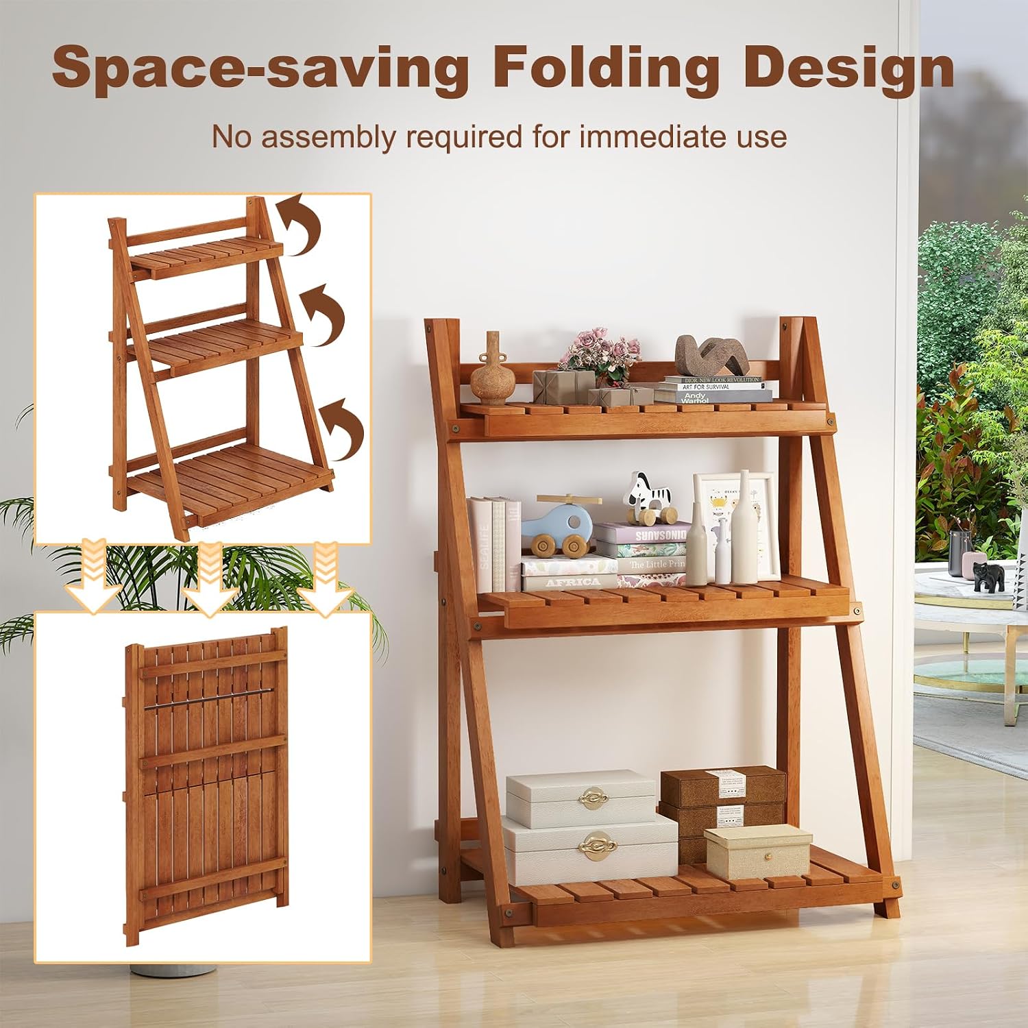 HAPPYGRILL Foldable 3-tier Wood Plant Stand, Ladder Flowerpot Holder Display Rack with Teak Oil Finish, Freestanding Corner Bookshelf, Indoor Outdoor Storage Organizer for Living Room Balcony Garden