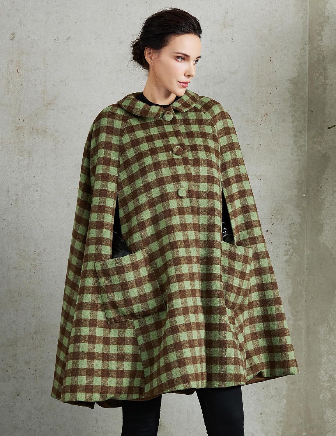 Women Wool Blend Cape Coat with Pockets Vintage Idyllic Single-Breasted Pea Coat Outwear for Fall Winter - Image 3