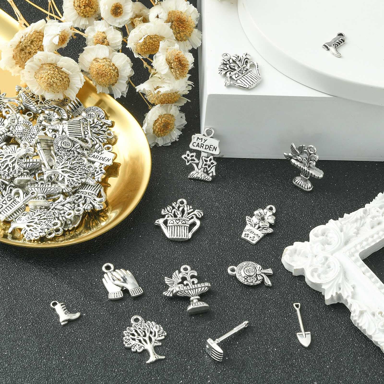 UR URLIFEHALL 100 Pcs 10 Styles Tibetan Style Gardening Charms Antique Silver Shoes Glove Pot Tree Watering Can Charms for Jewellery Making - Image 4