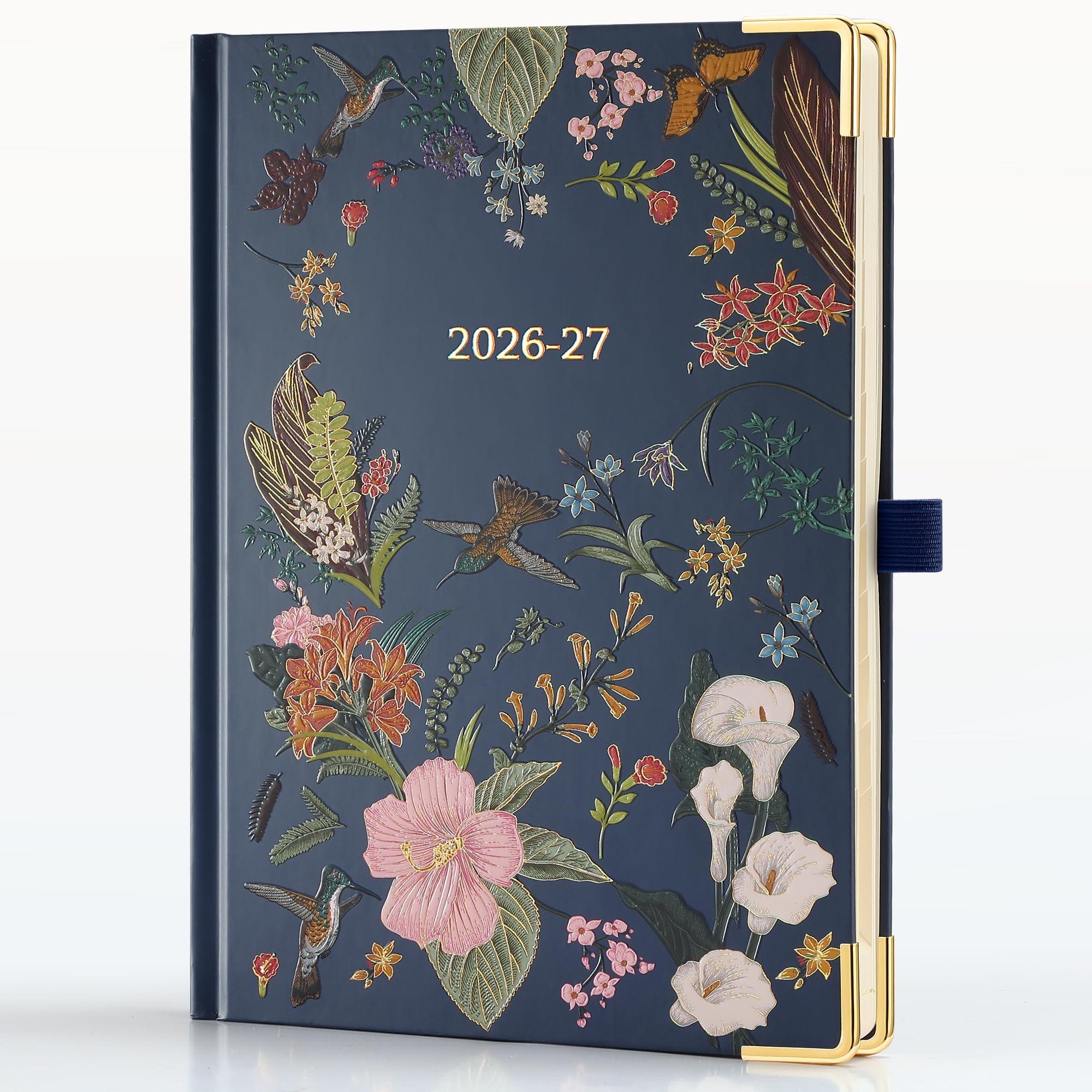 Agenda semanal y mensual 2026-2027 con ranuras horarias, calendario académico de 18 meses de julio de 2026 a diciembre de 2027, diseño vertical, pestañas mensuales, tapa dura con diseño de