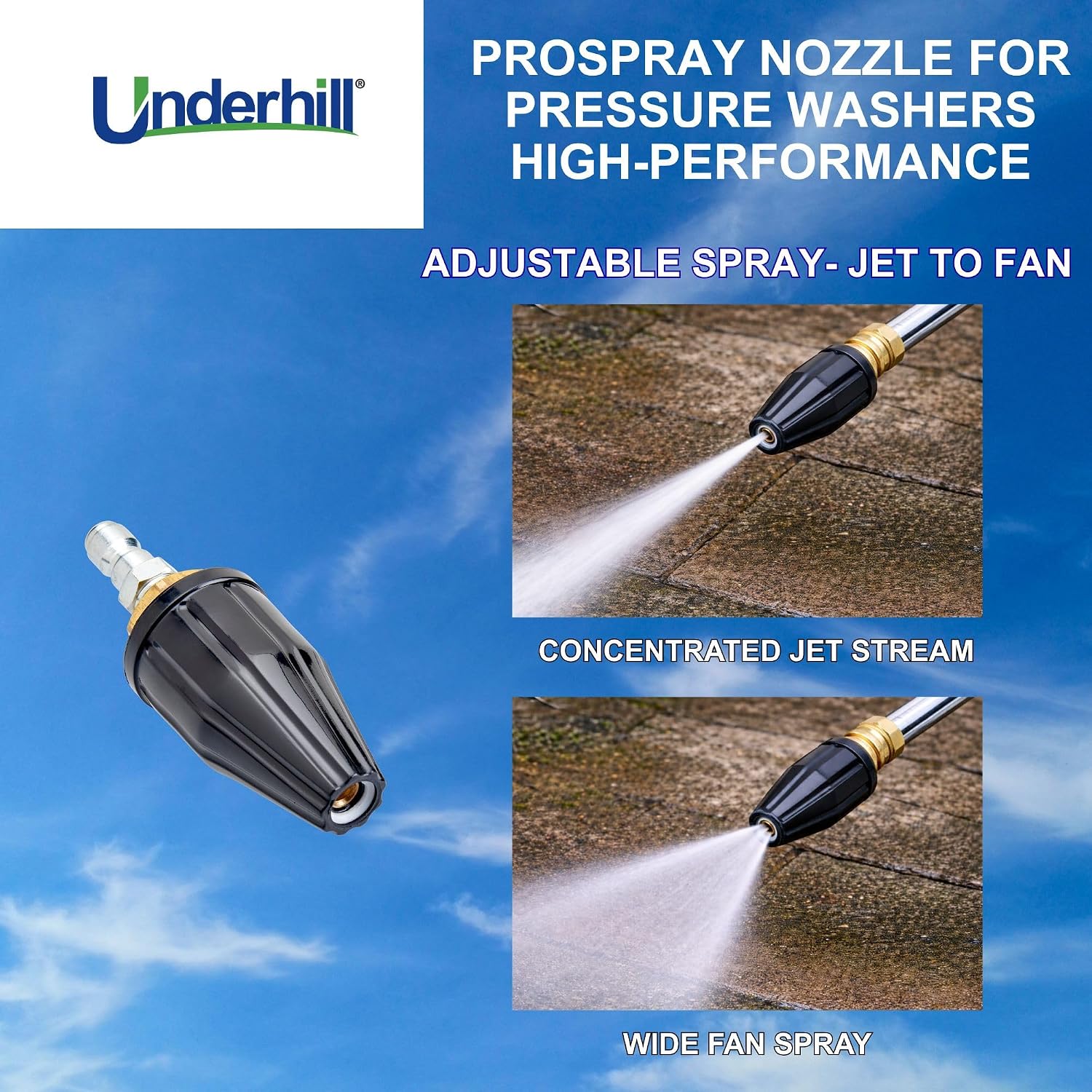 Underhill PowerBlast ProSpray Pressure Washer Nozzle – Adjustable Jet to Fan Spray Tip, Quick Connect Pressure Washer Nozzle for Cleaning Brick, Concrete & Vinyl, Fits Pressure Washers up to 3000 PSI