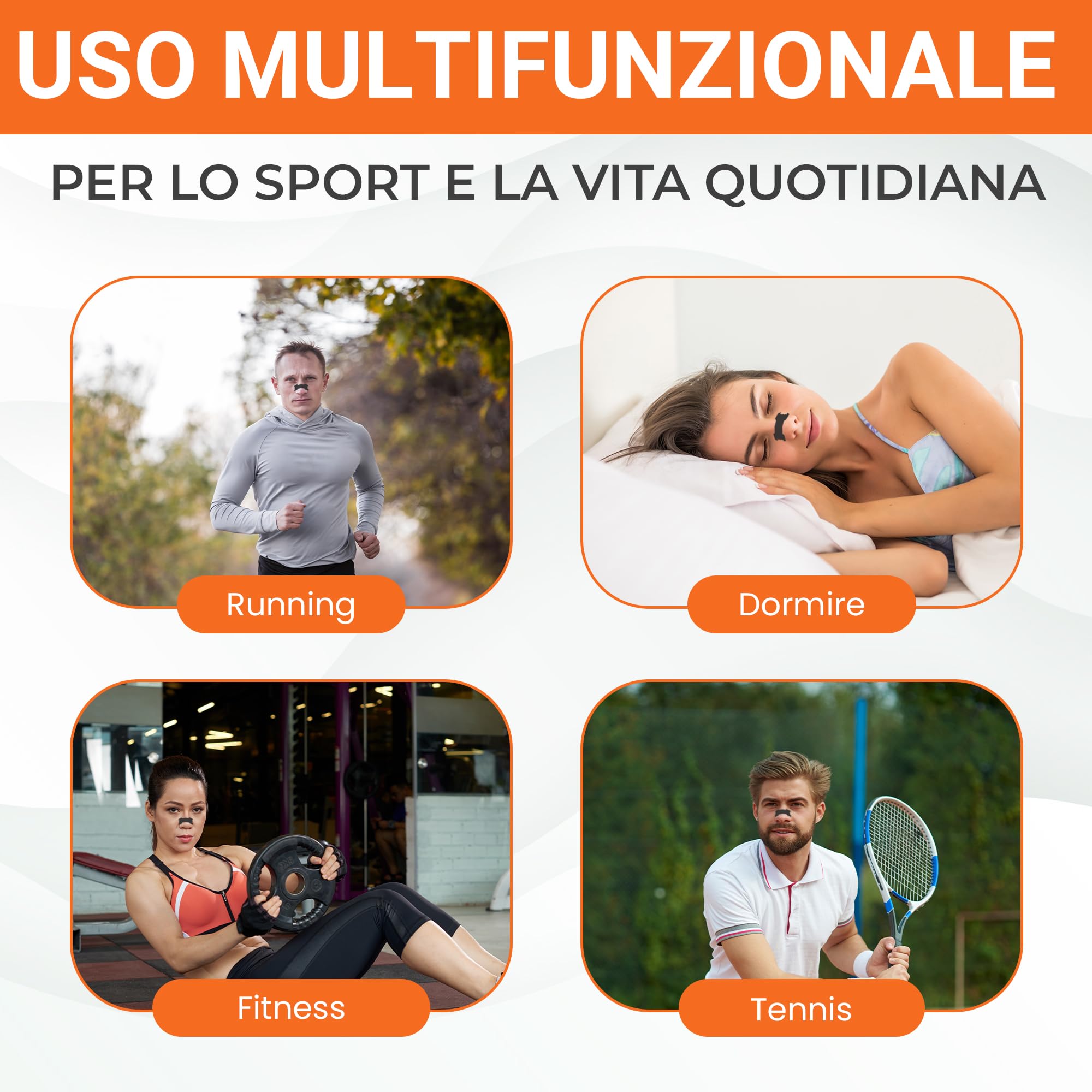 Set da 30 Cerotti Nasali per Sport Neri - Migliora la Respirazione e le Prestazioni - Nasal Strips Sport Extra Forte per Corsa, Ciclismo, Fitness e Tennis (60 x 22 mm)