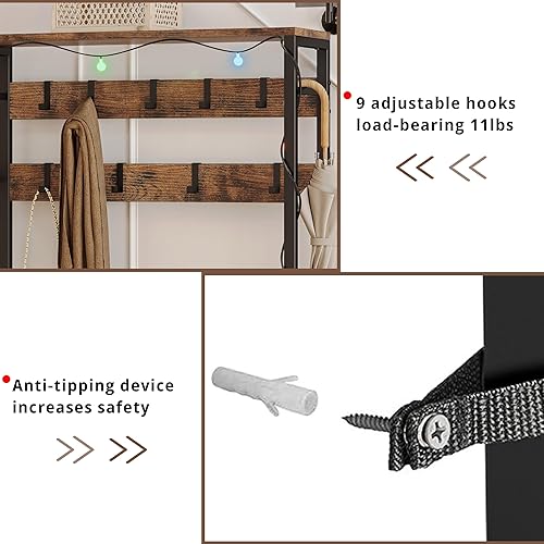 Miniatura 7 de IRONCK Árbol de pasillo con luz, banco de zapatos de entrada, cesta de almacenamiento de tela, perchero, estantes reversibles de 5 niveles, ganchos