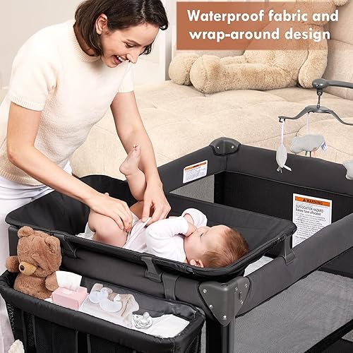 Miniatura 5 de Cuna de cuna para bebé, paquete y juega con colchón, cambiador de pañales, corrales de configuración de un solo empuje, para bebés hasta niños