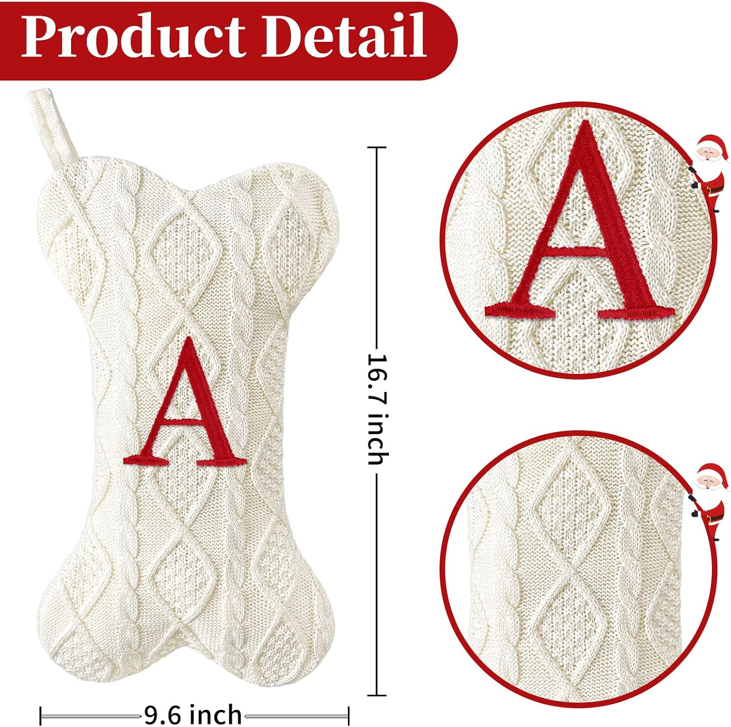 Malier Dog Christmas Stocking with Initials, Letter A Embroidered Knit Christmas Stocking for Dogs, White Large Bone Shape Xmas Pet Stockings Hanging Stocking for Dogs Cats Pets (White, Letter-B)