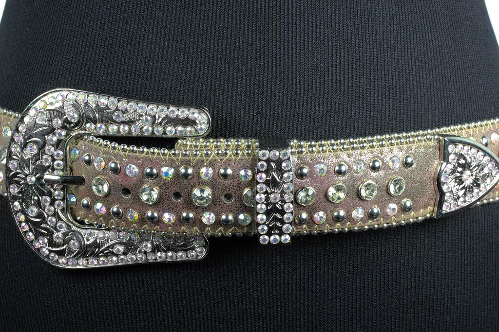 Deal Fashionista LITE BEIGE BERRY Western Rhinestone Bling Studded Removable Buckle Belt