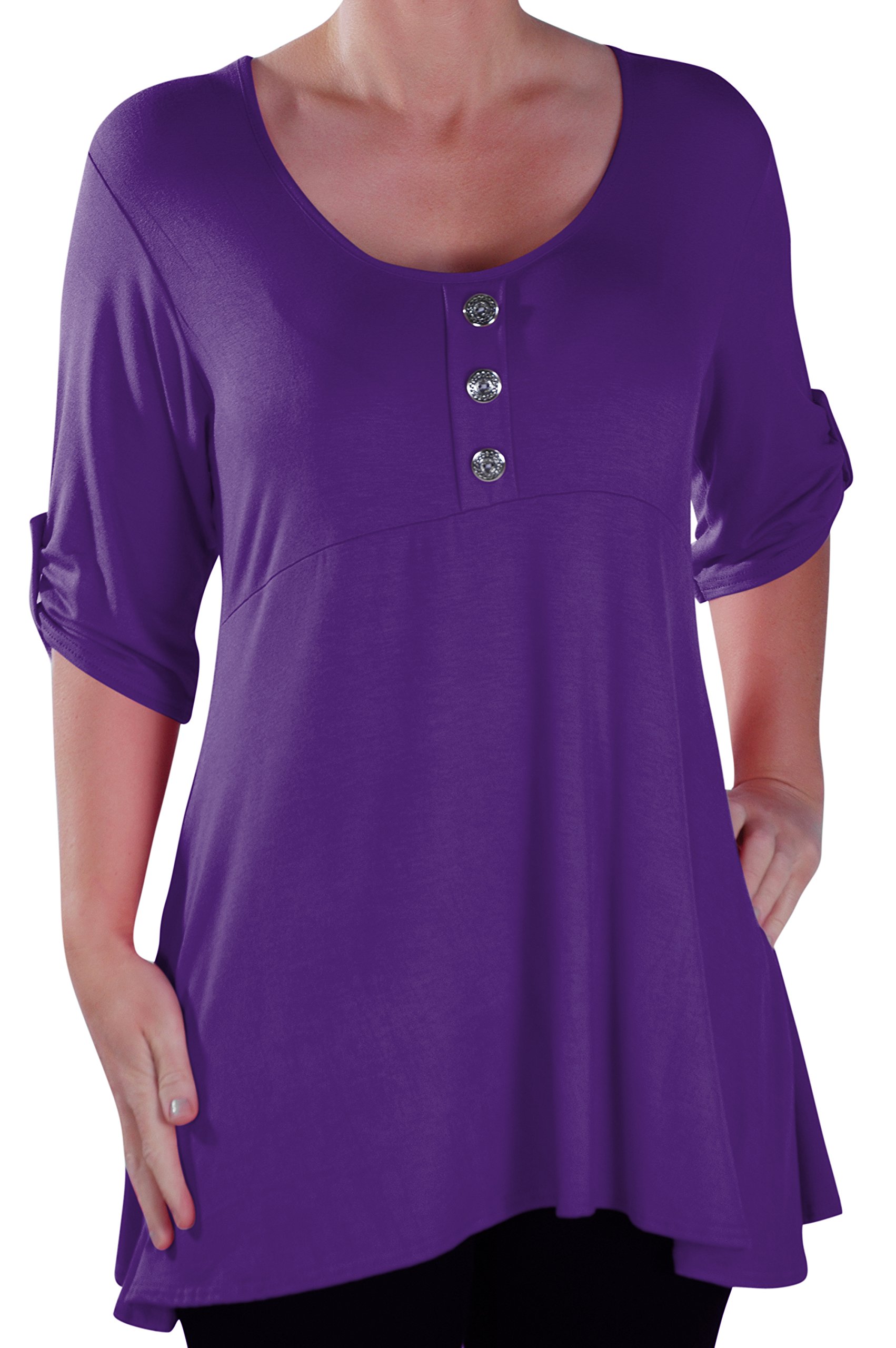 Eye Catch Women's Purple ’S Flared Tunic Top, Button Front Scoop Neck Long Jersey Top – Plus Size 14–28